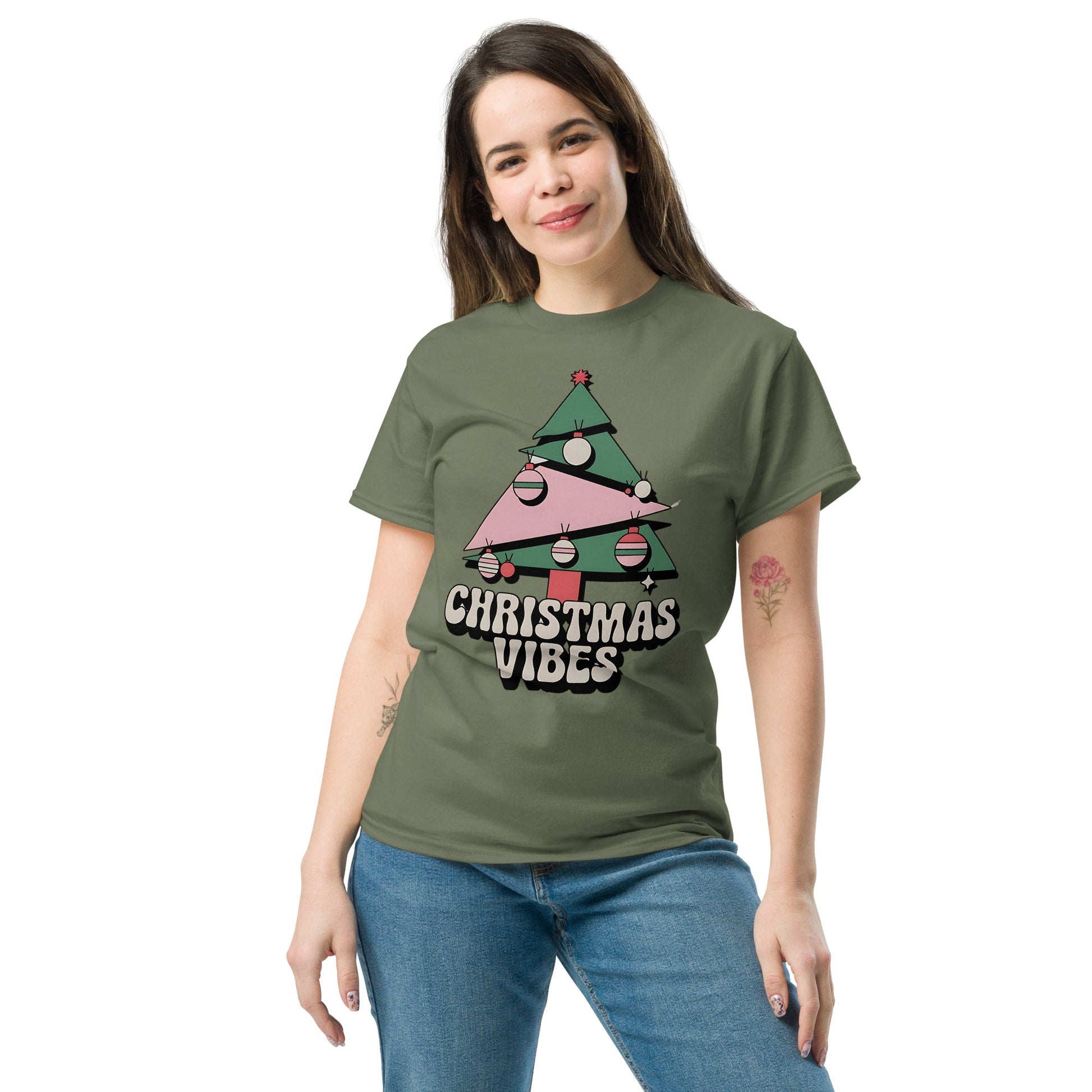 Women's Christmas T-Shirt - Abstract Tree Design with "Christmas Vibes - Sublimegifts4u.com