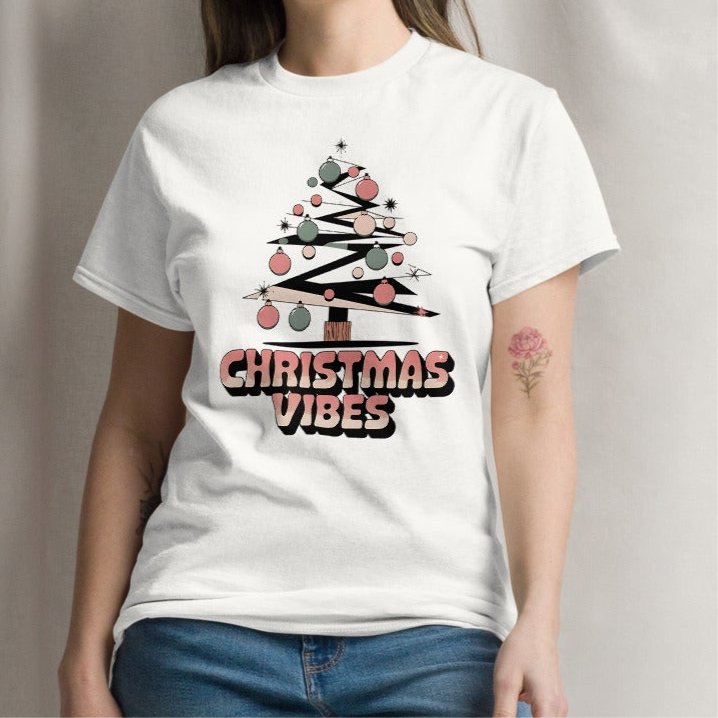 Women's Christmas T-Shirt - Abstract Tree Design with "Christmas Vibes - Sublimegifts4u.com