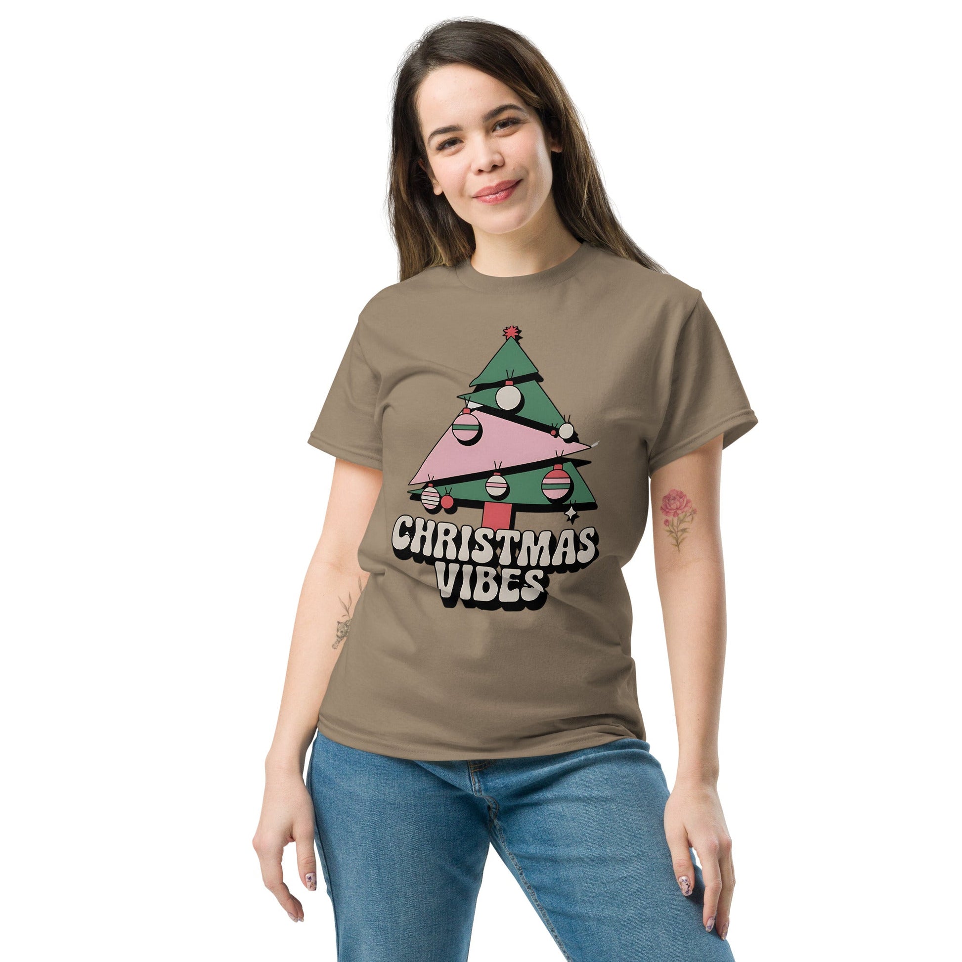 Women's Christmas T-Shirt - Abstract Tree Design with "Christmas Vibes - Sublimegifts4u.com