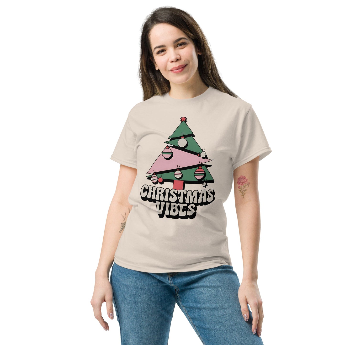 Women's Christmas T-Shirt - Abstract Tree Design with "Christmas Vibes - Sublimegifts4u.com