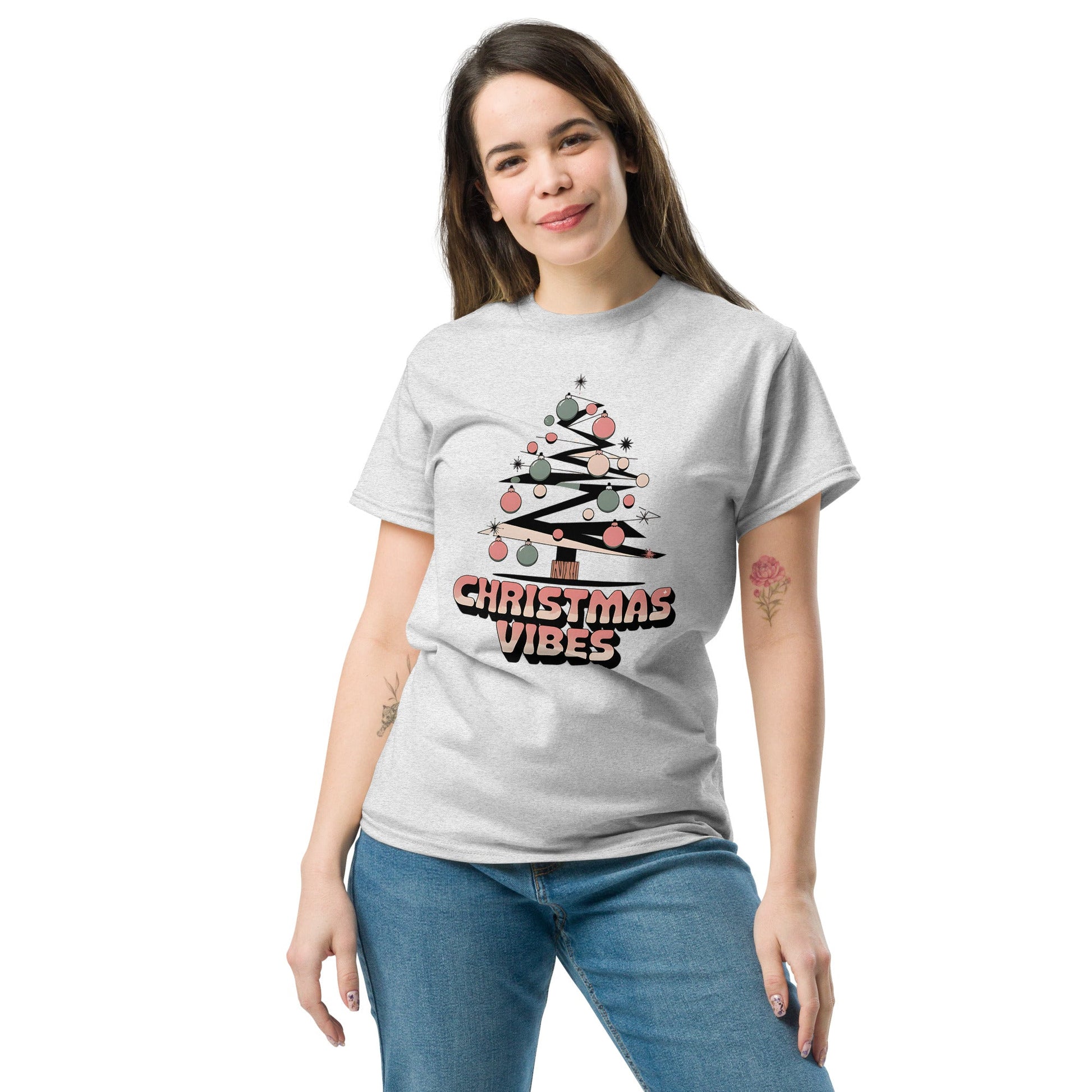 Women's Christmas T-Shirt - Abstract Tree Design with "Christmas Vibes - Sublimegifts4u.com