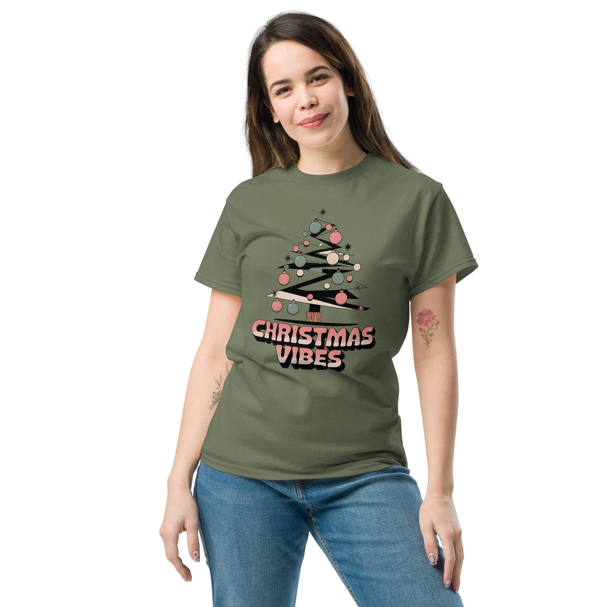 Women's Christmas T-Shirt - Abstract Tree Design with "Christmas Vibes - Sublimegifts4u.com