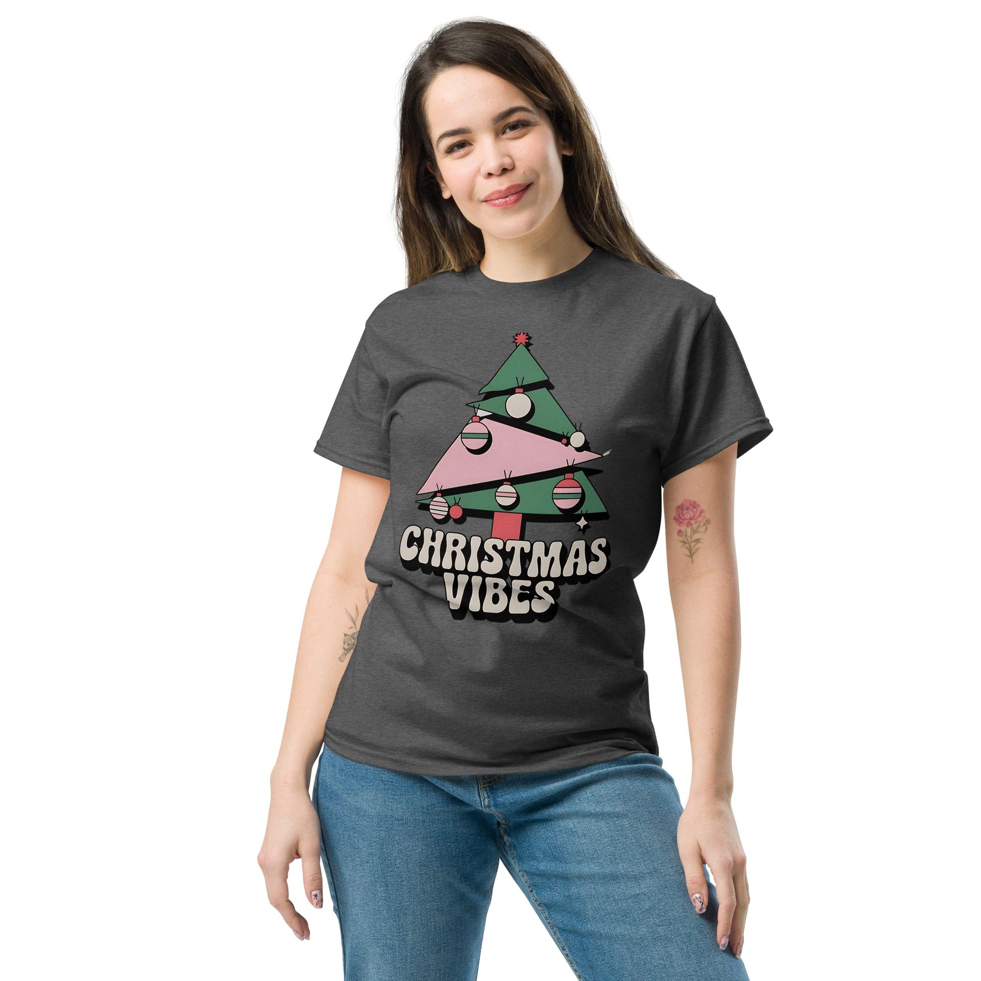 Women's Christmas T-Shirt - Abstract Tree Design with "Christmas Vibes - Sublimegifts4u.com