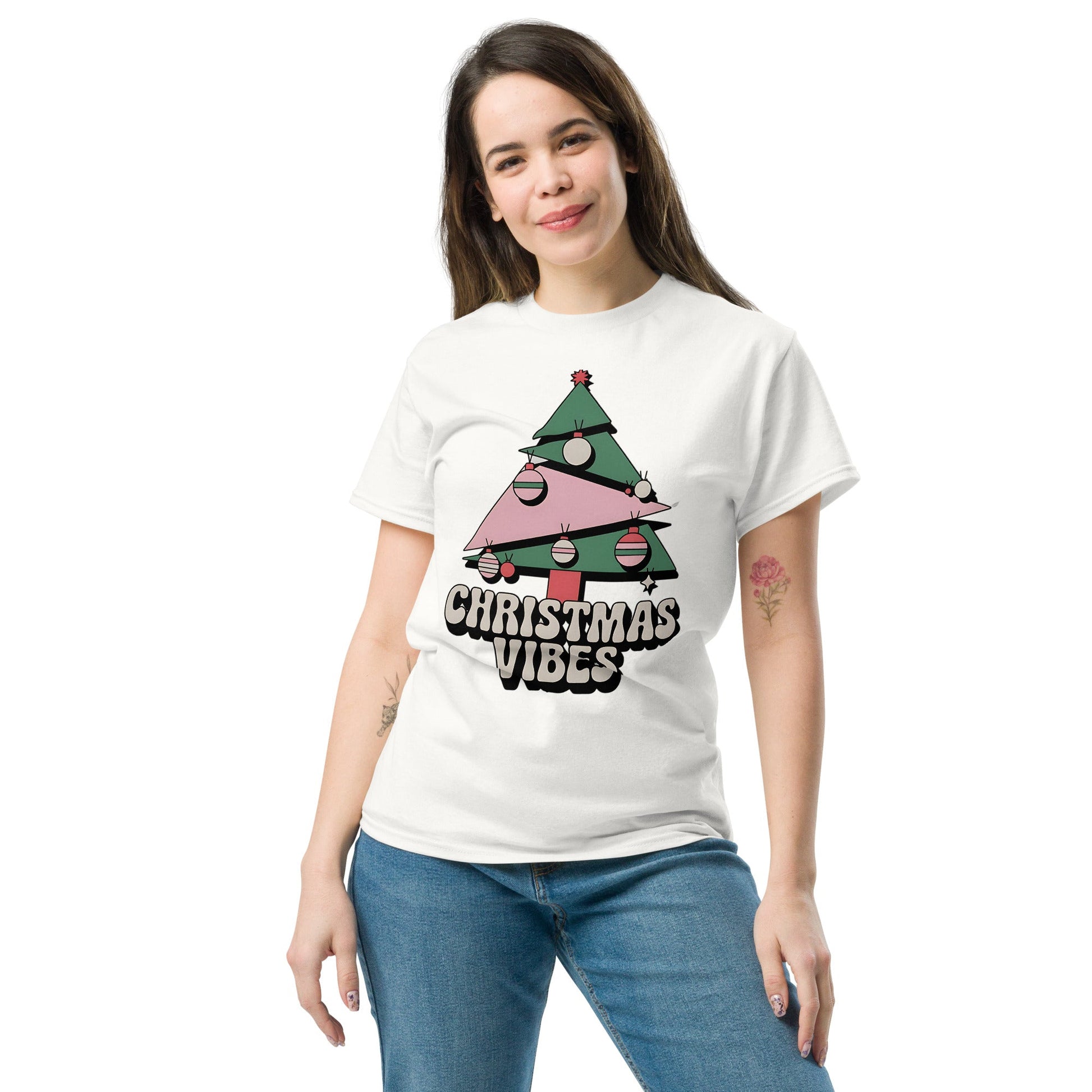 Women's Christmas T-Shirt - Abstract Tree Design with "Christmas Vibes - Sublimegifts4u.com