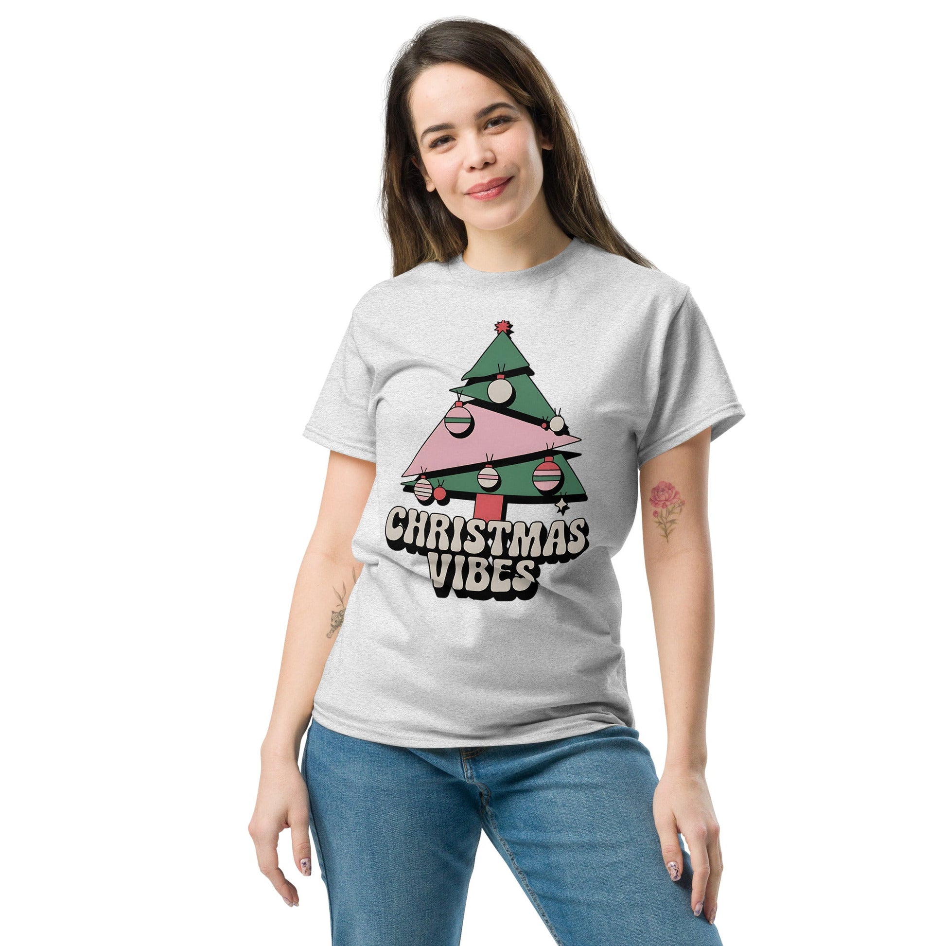 Women's Christmas T-Shirt - Abstract Tree Design with "Christmas Vibes - Sublimegifts4u.com