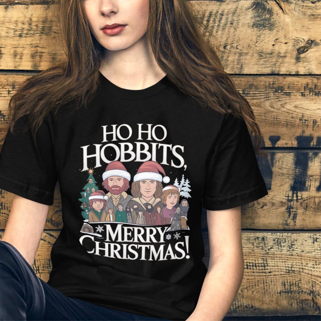 Women’s Christmas T-Shirt – "Ho Ho Hobbits Merry Christmas" Inspired by The Hobbit Series - Sublimegifts4u.com