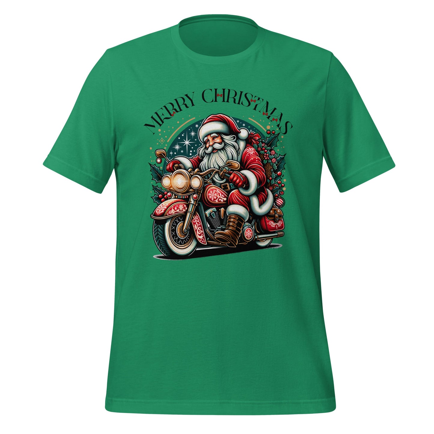 Women’s Christmas T-Shirt – Santa Claus on Motorcycle with "Merry Christmas" and Red Bows - Sublimegifts4u.com