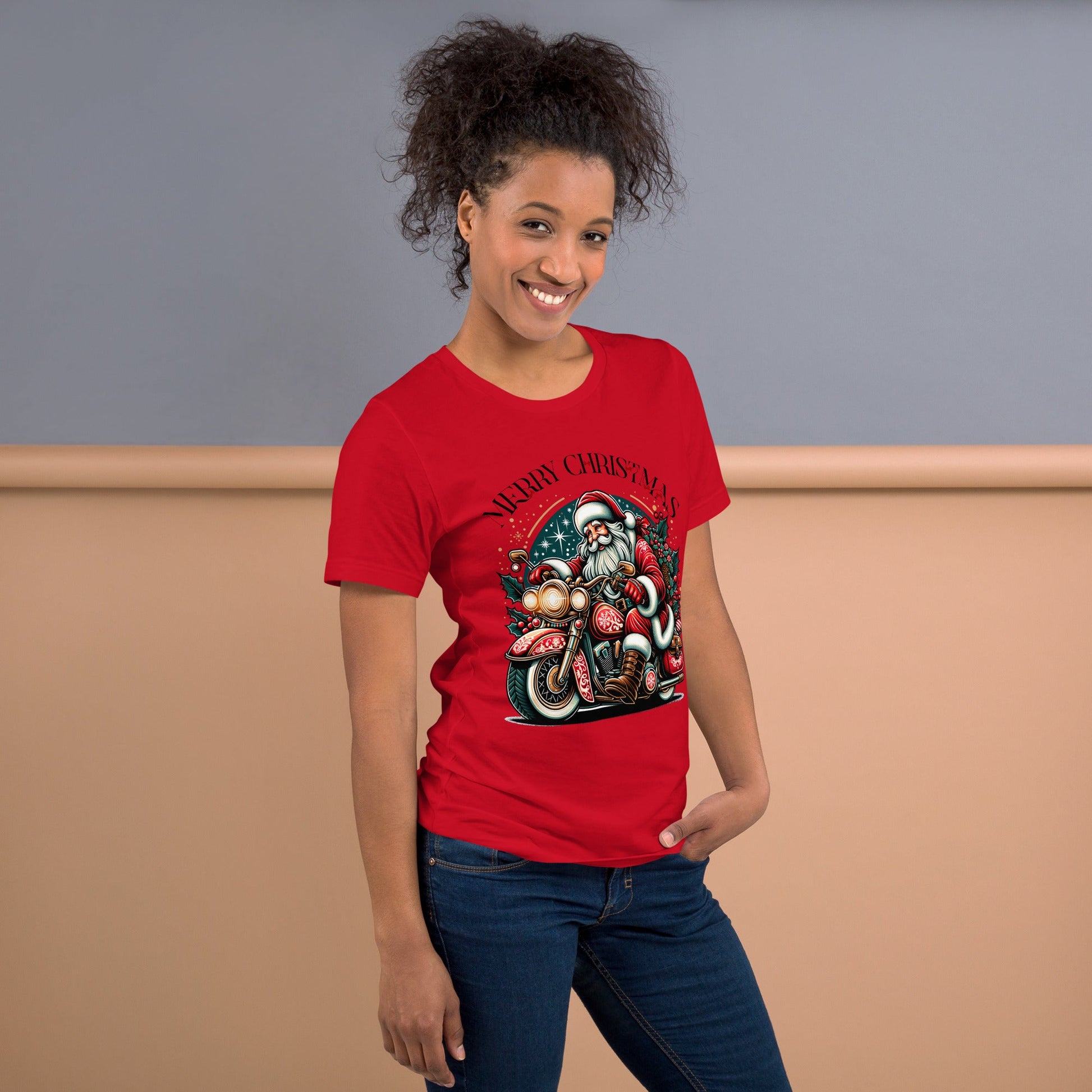 Women’s Christmas T-Shirt – Santa Claus on Motorcycle with "Merry Christmas" and Red Bows - Sublimegifts4u.com