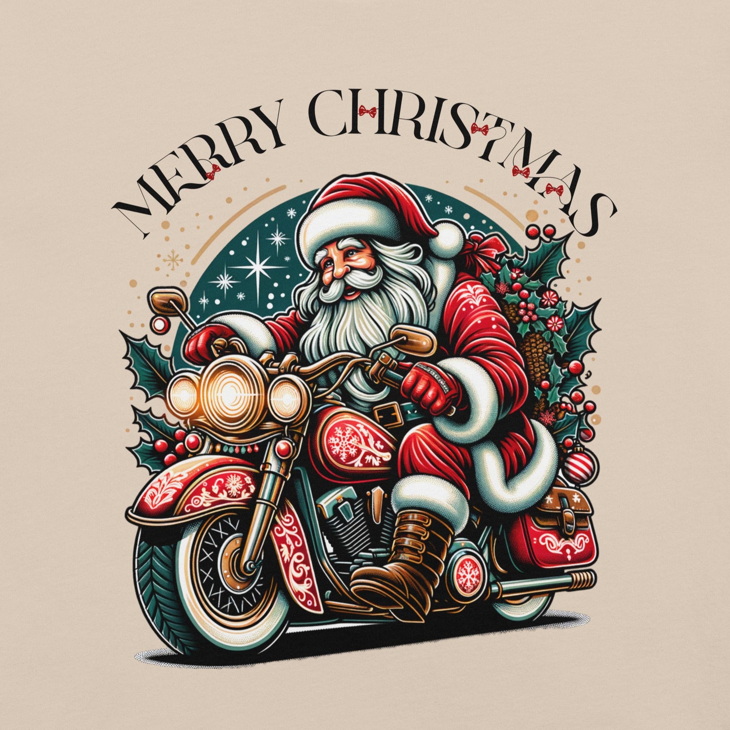 Women’s Christmas T-Shirt – Santa Claus on Motorcycle with "Merry Christmas" and Red Bows - Sublimegifts4u.com