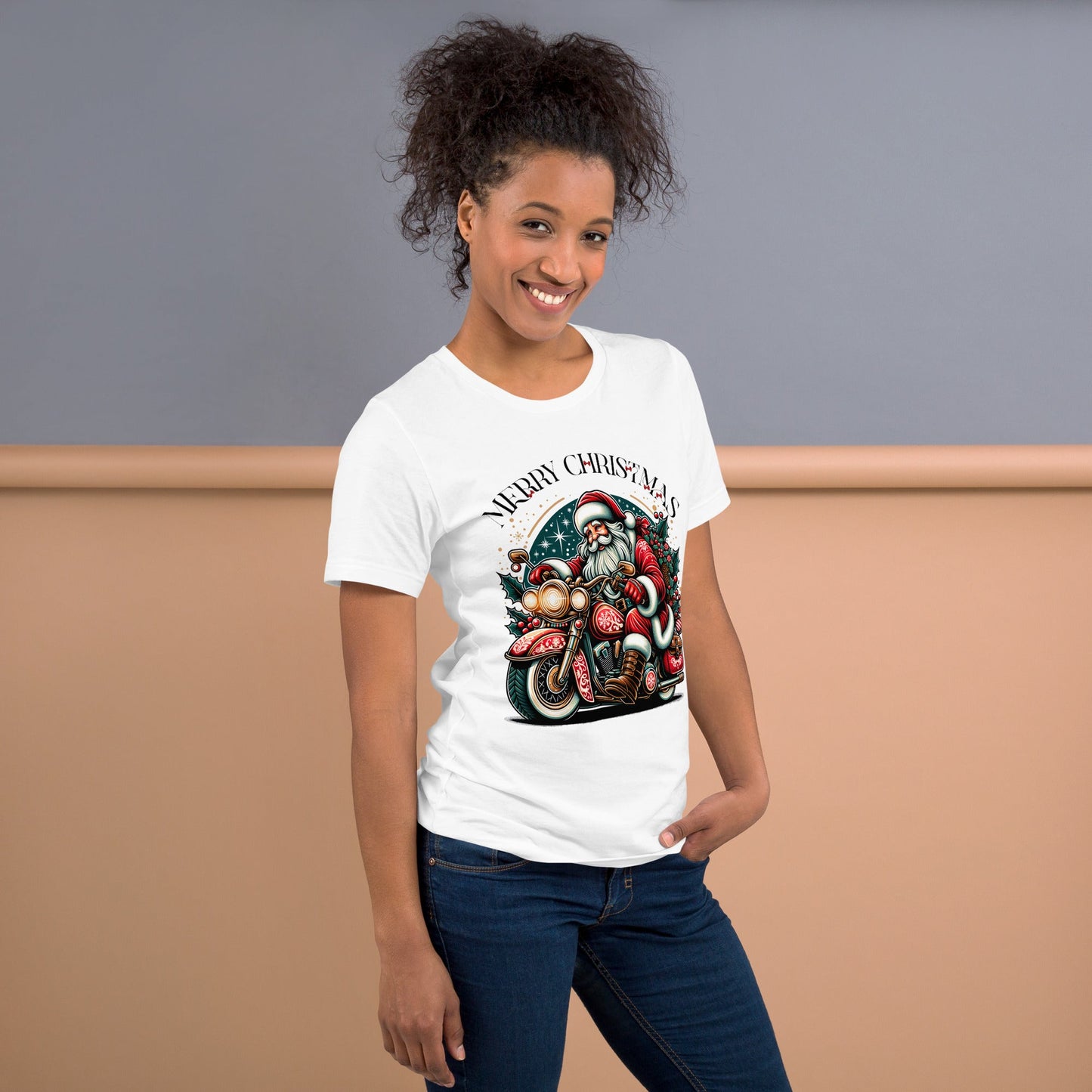 Women’s Christmas T-Shirt – Santa Claus on Motorcycle with "Merry Christmas" and Red Bows - Sublimegifts4u.com