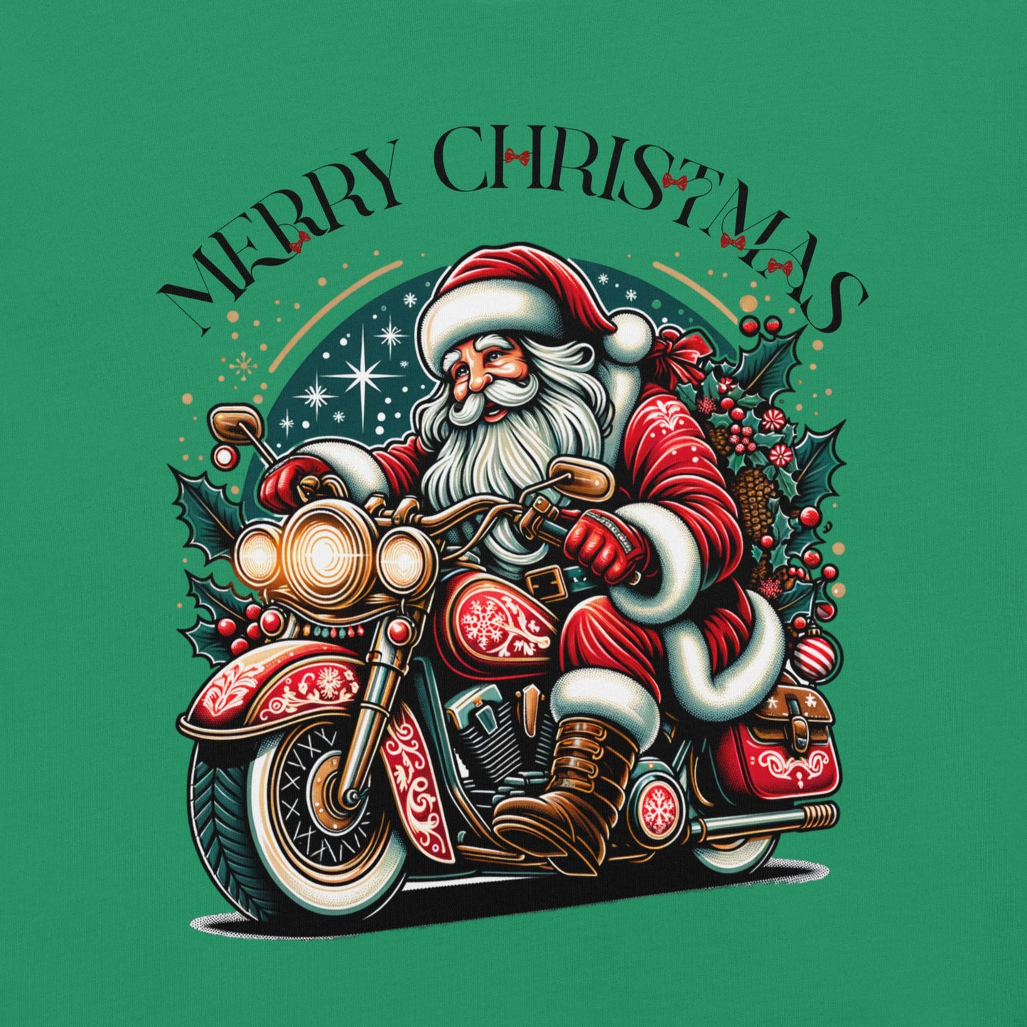 Women’s Christmas T-Shirt – Santa Claus on Motorcycle with "Merry Christmas" and Red Bows - Sublimegifts4u.com