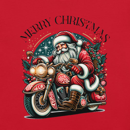 Women’s Christmas T-Shirt – Santa Claus on Motorcycle with "Merry Christmas" and Red Bows - Sublimegifts4u.com