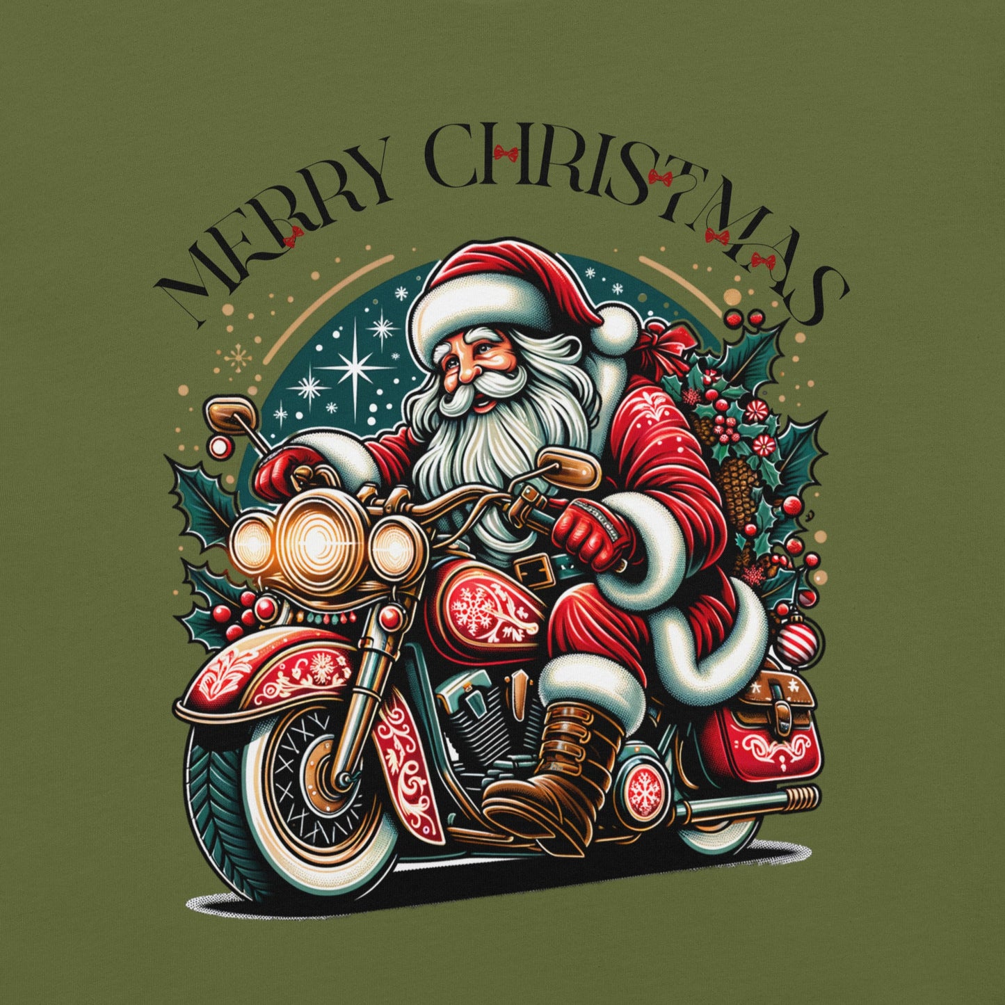 Women’s Christmas T-Shirt – Santa Claus on Motorcycle with "Merry Christmas" and Red Bows - Sublimegifts4u.com