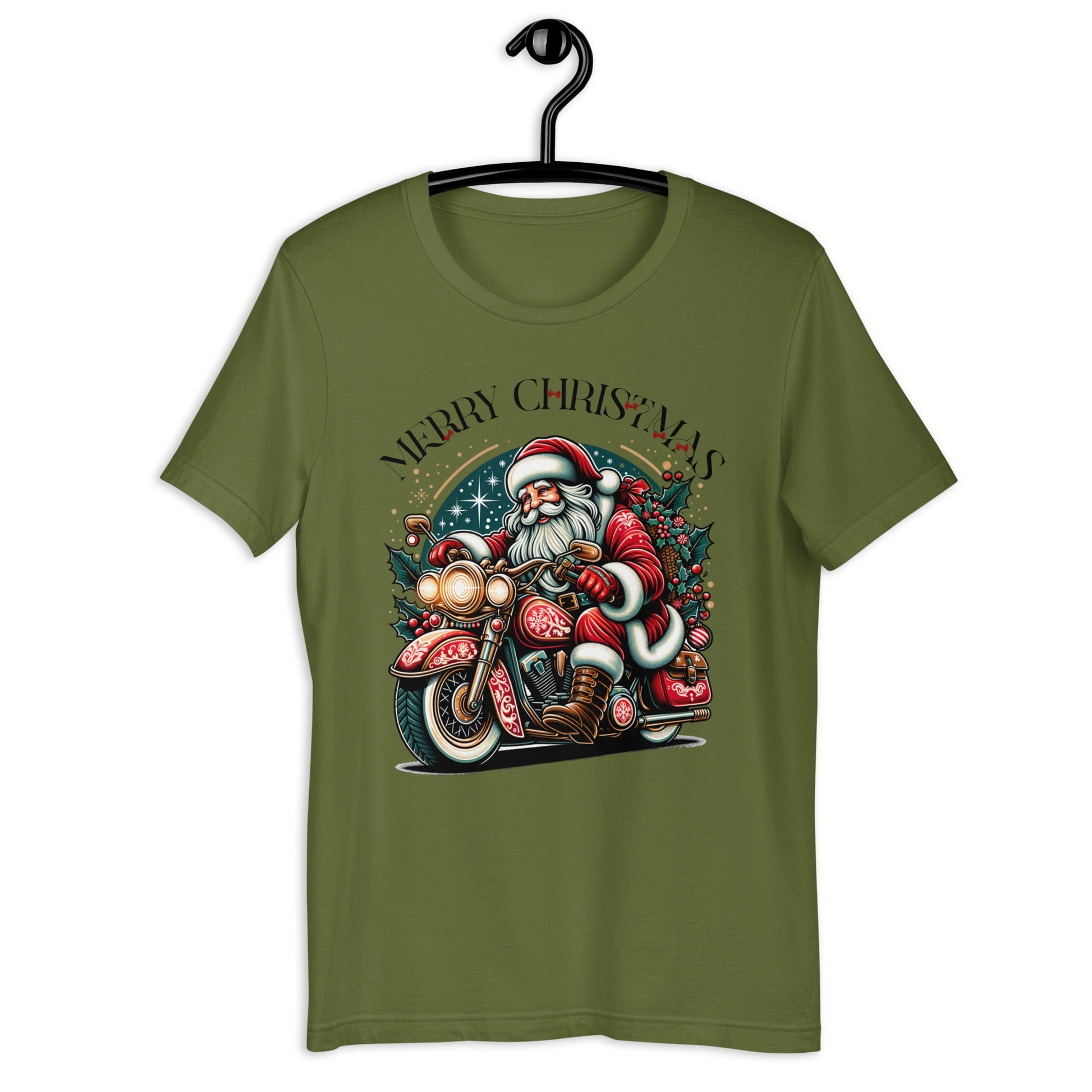 Women’s Christmas T-Shirt – Santa Claus on Motorcycle with "Merry Christmas" and Red Bows - Sublimegifts4u.com