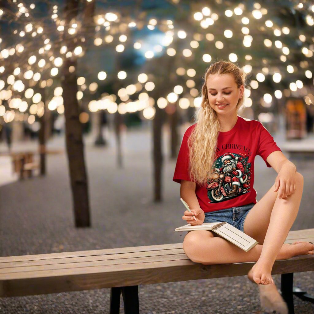 Women’s Christmas T-Shirt – Santa Claus on Motorcycle with "Merry Christmas" and Red Bows - Sublimegifts4u.com