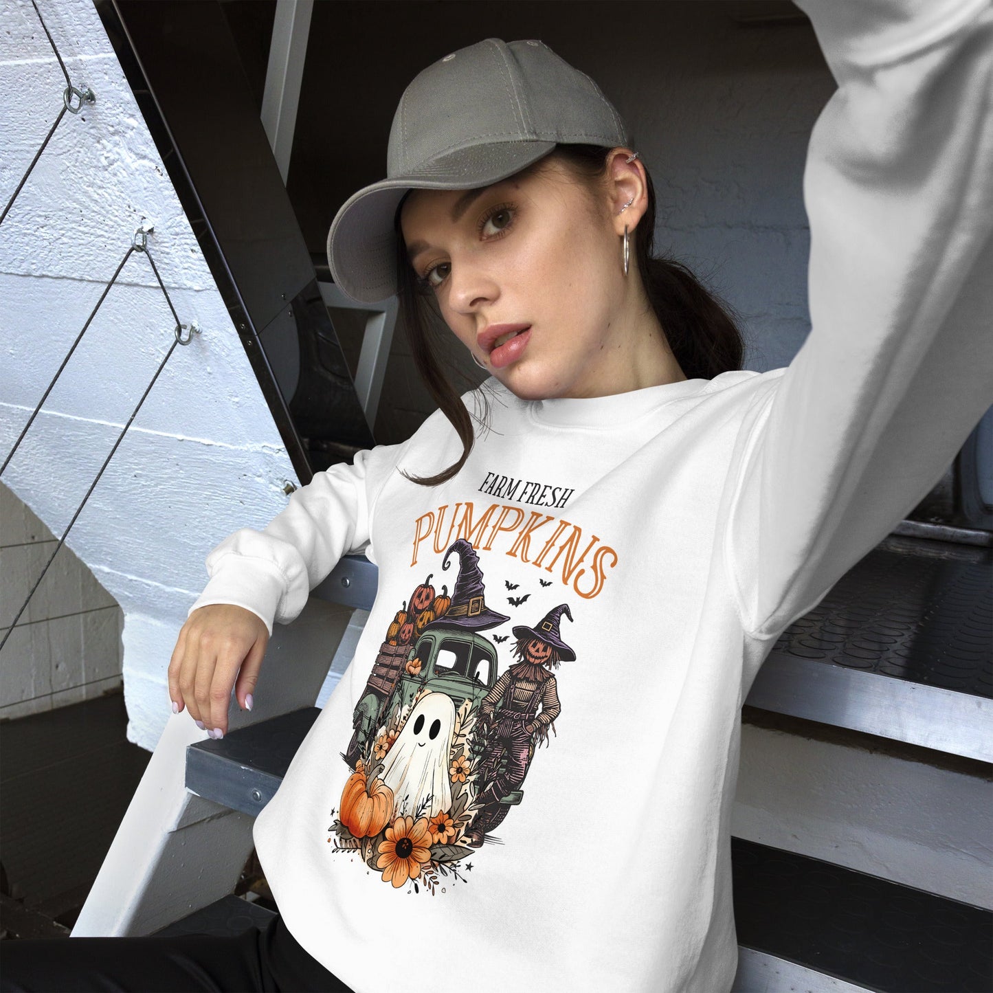 Women's Cozy Fall Sweatshirt - Farm Fresh Scarecrow & Ghost with Pumpkins Design - Sublimegifts4u.com