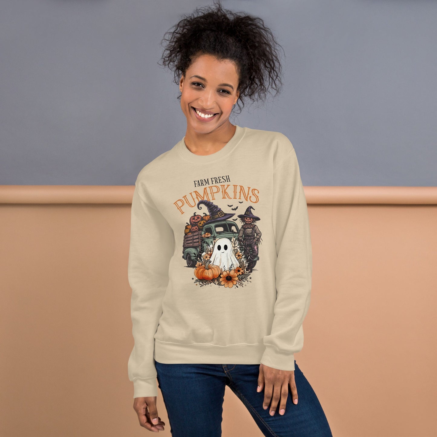 Women's Cozy Fall Sweatshirt - Farm Fresh Scarecrow & Ghost with Pumpkins Design - Sublimegifts4u.com