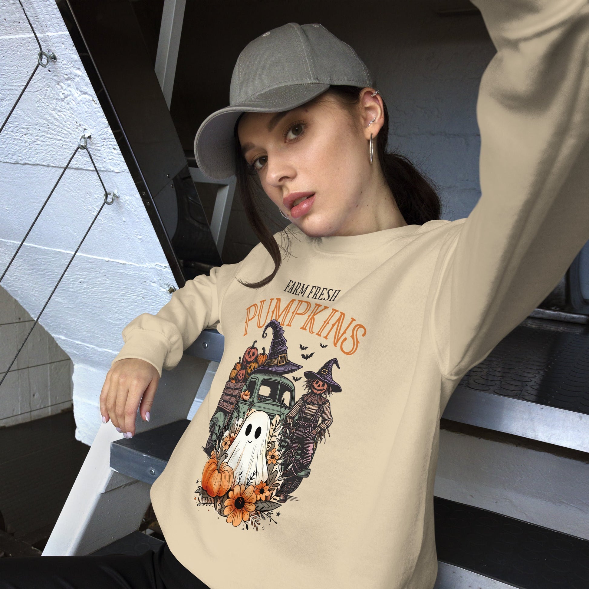 Women's Cozy Fall Sweatshirt - Farm Fresh Scarecrow & Ghost with Pumpkins Design - Sublimegifts4u.com