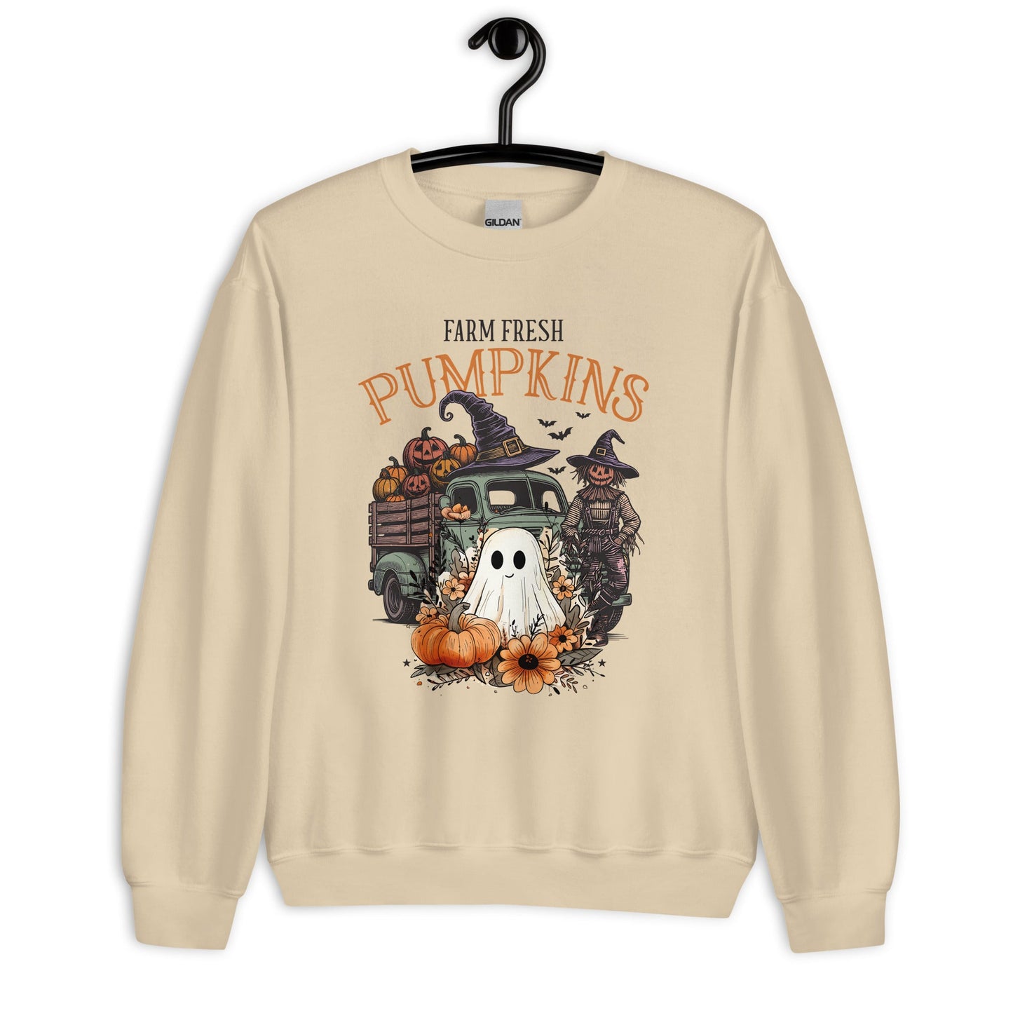 Women's Cozy Fall Sweatshirt - Farm Fresh Scarecrow & Ghost with Pumpkins Design - Sublimegifts4u.com