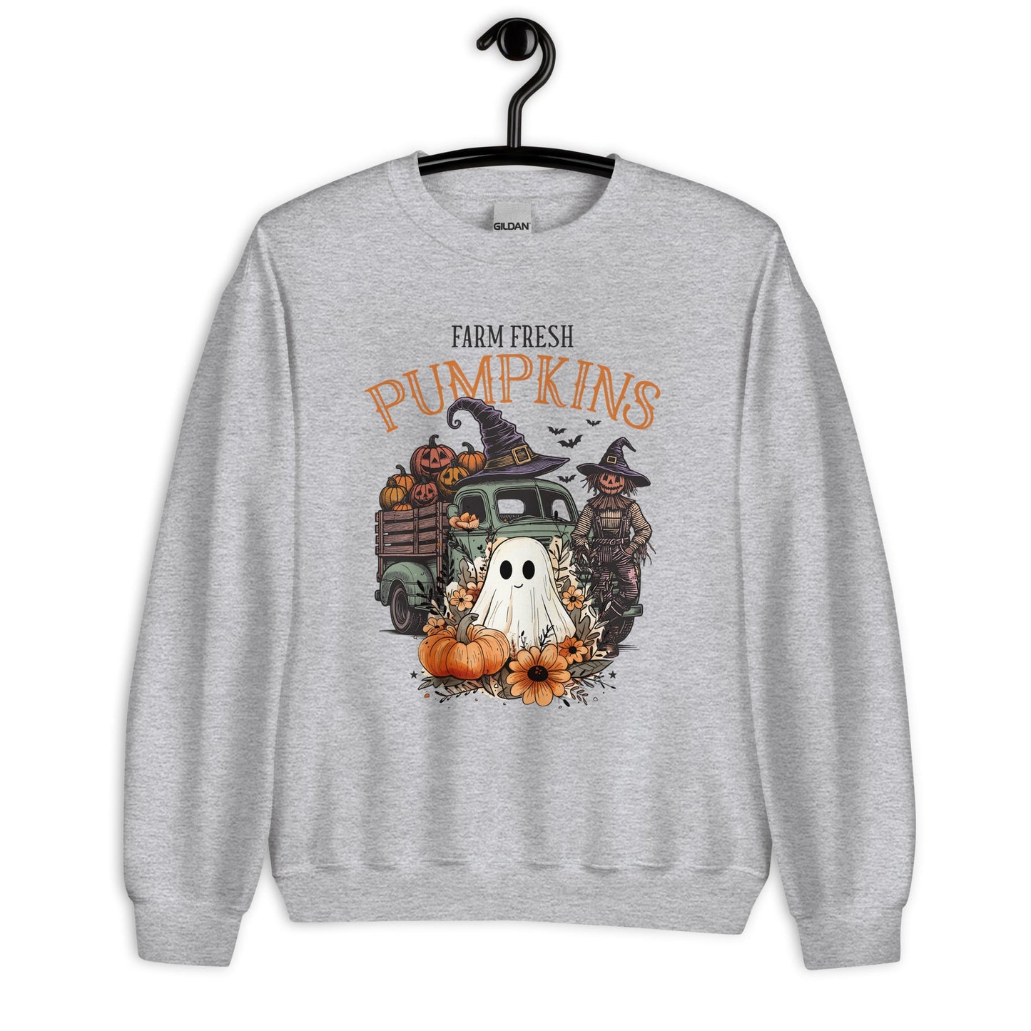 Women's Cozy Fall Sweatshirt - Farm Fresh Scarecrow & Ghost with Pumpkins Design - Sublimegifts4u.com