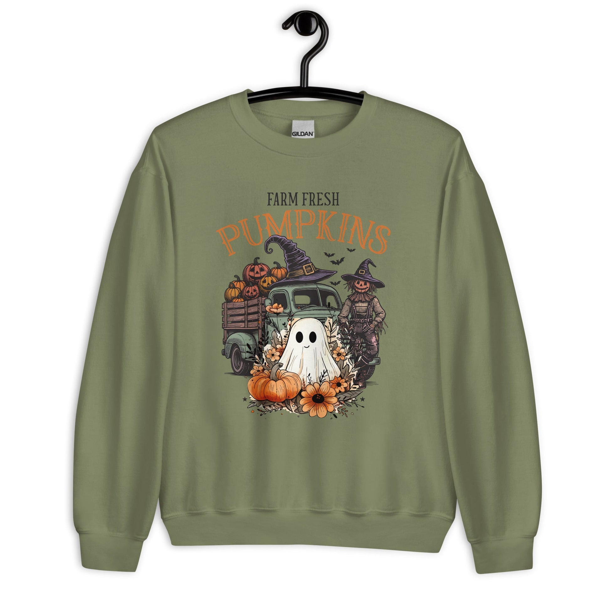 Women's Cozy Fall Sweatshirt - Farm Fresh Scarecrow & Ghost with Pumpkins Design - Sublimegifts4u.com