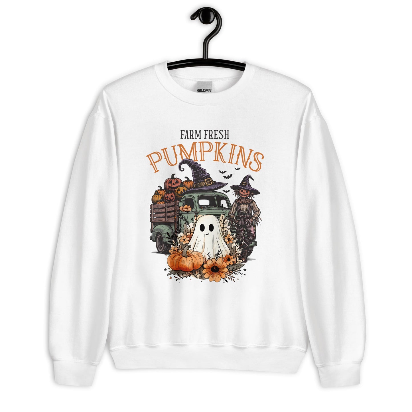 Women's Cozy Fall Sweatshirt - Farm Fresh Scarecrow & Ghost with Pumpkins Design - Sublimegifts4u.com