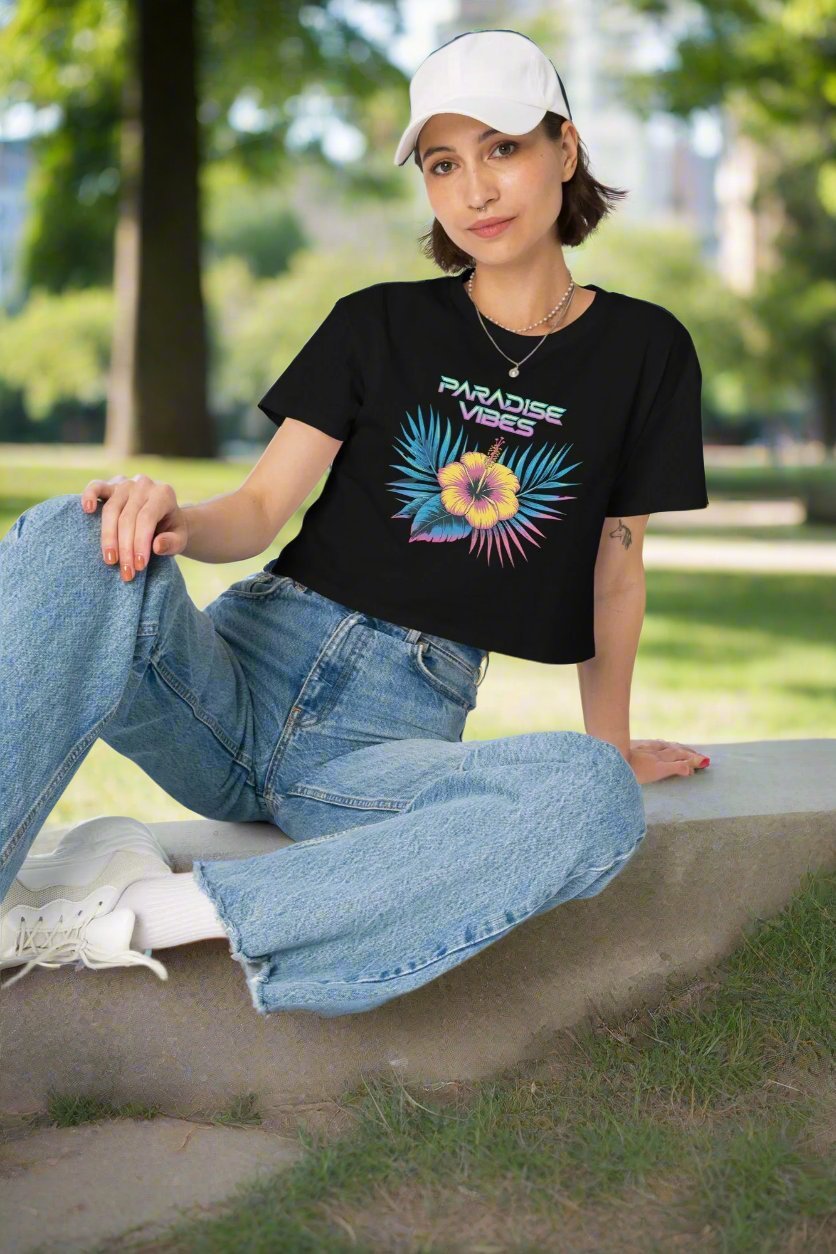 Women's Crop Top with Tropical Flower Design - "Paradise Vibes" - Soft and Stylish - Sublimegifts4u.com