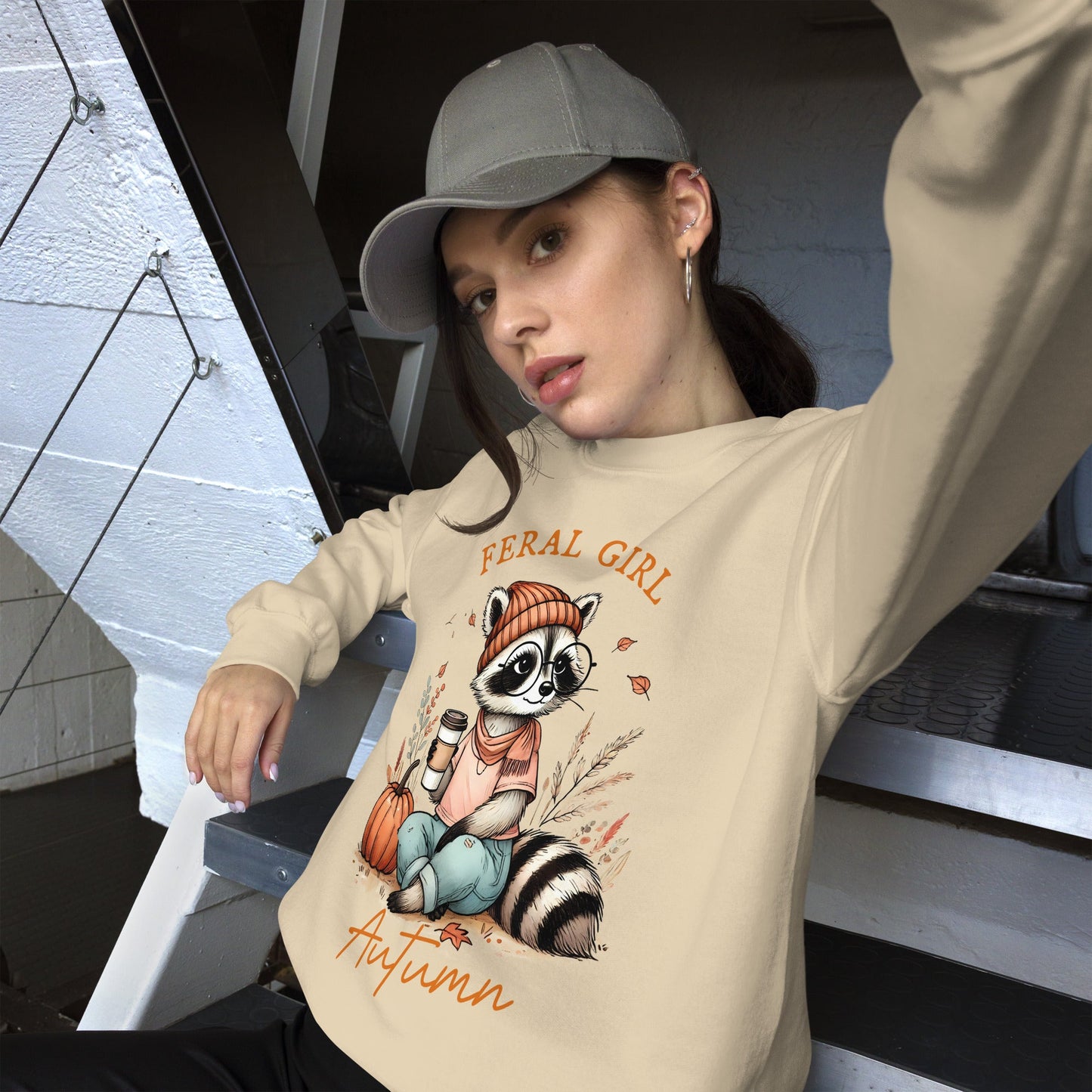 Womens 'Feral Girl Autumn' Sweatshirt - Cute Autumn Raccoon with Coffee Design - Sublimegifts4u.com