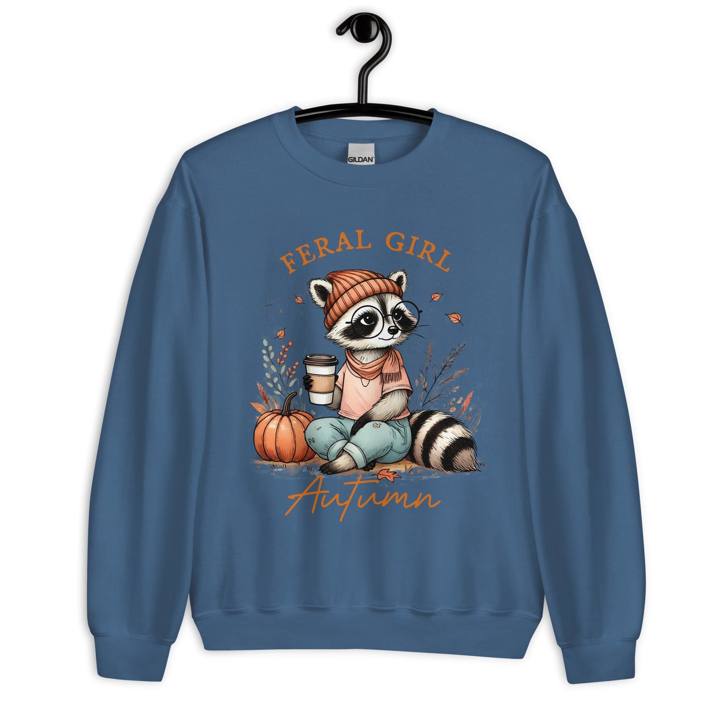 Womens 'Feral Girl Autumn' Sweatshirt - Cute Autumn Raccoon with Coffee Design - Sublimegifts4u.com