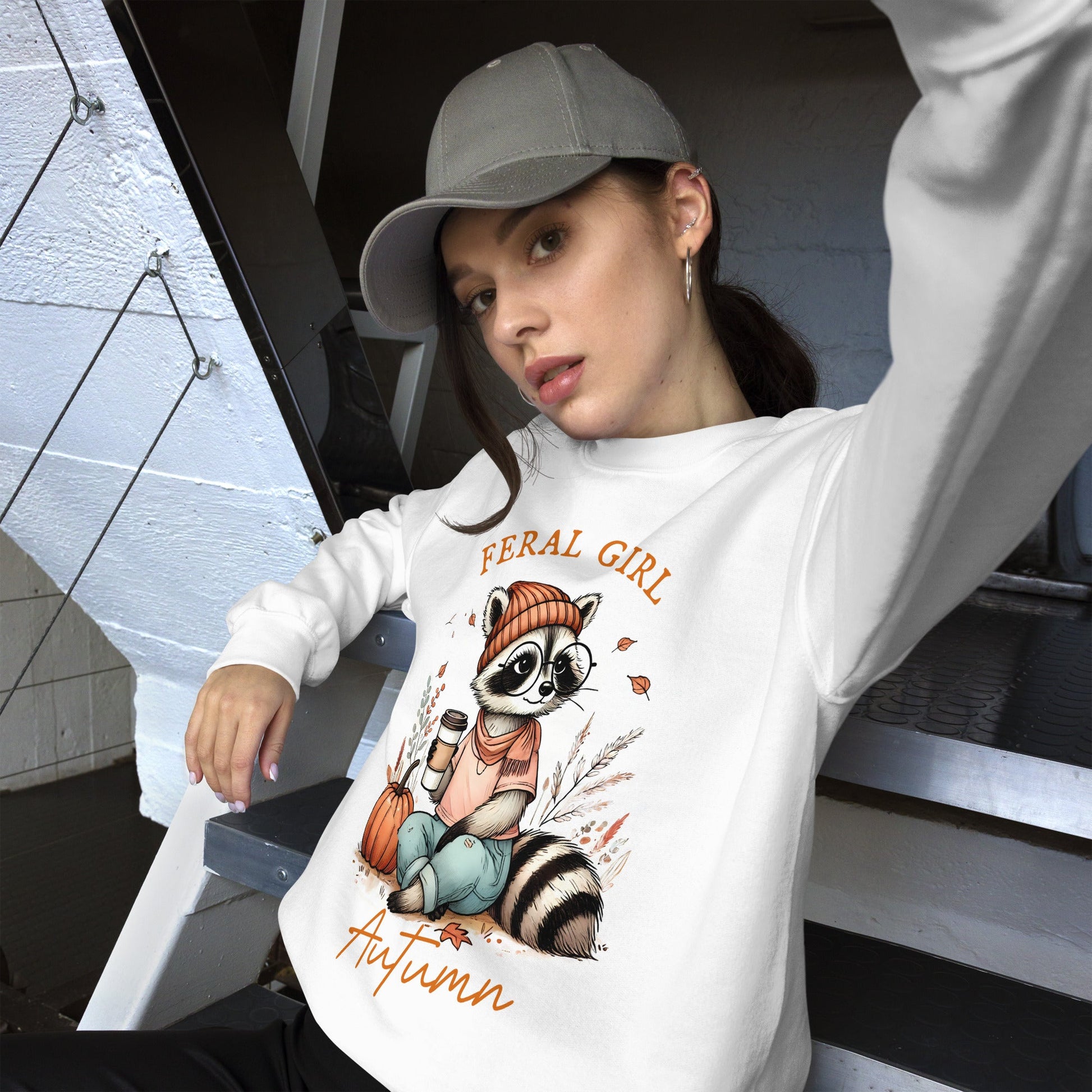 Womens 'Feral Girl Autumn' Sweatshirt - Cute Autumn Raccoon with Coffee Design - Sublimegifts4u.com