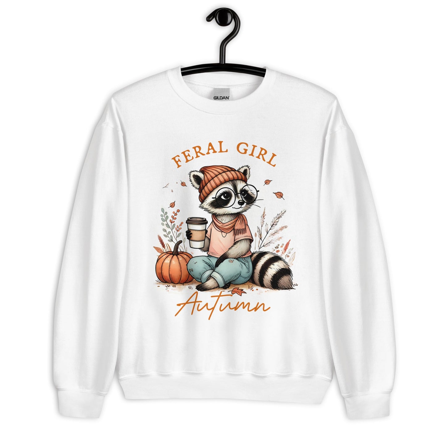 Womens 'Feral Girl Autumn' Sweatshirt - Cute Autumn Raccoon with Coffee Design - Sublimegifts4u.com