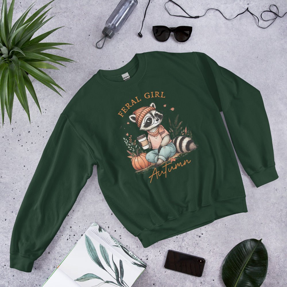 Womens 'Feral Girl Autumn' Sweatshirt - Cute Autumn Raccoon with Coffee Design - Sublimegifts4u.com