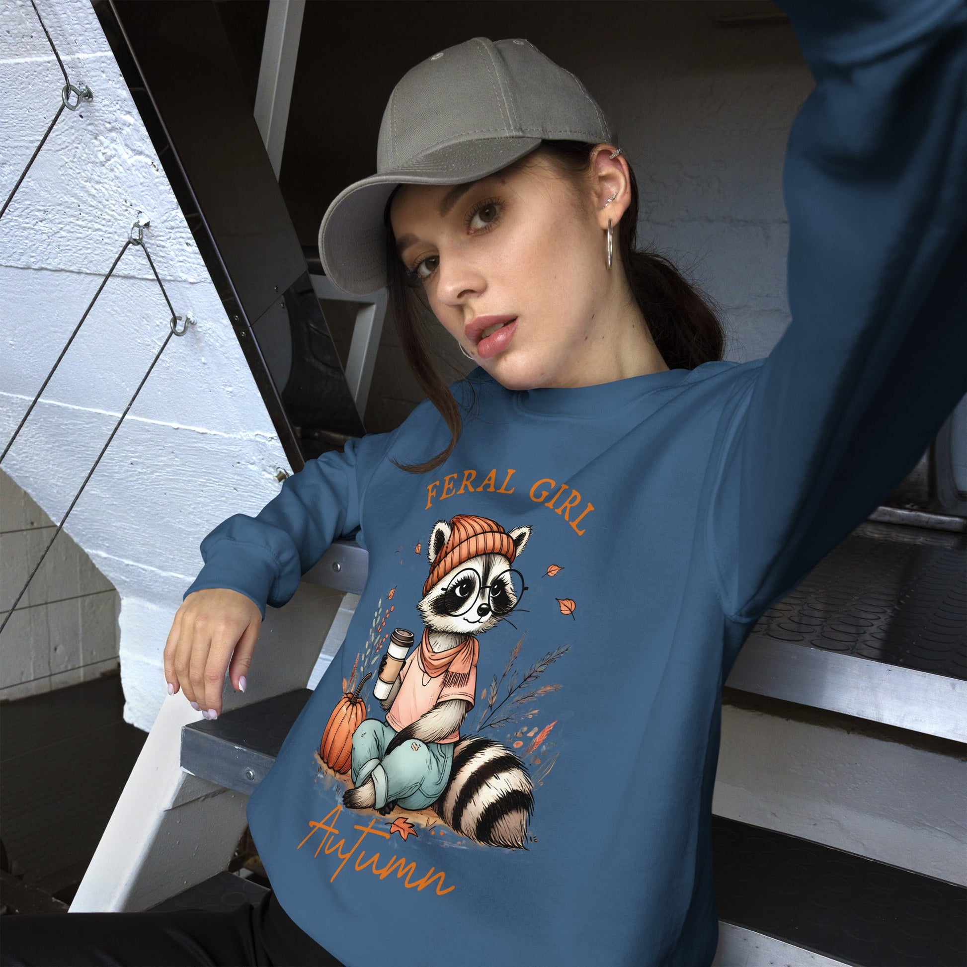 Womens 'Feral Girl Autumn' Sweatshirt - Cute Autumn Raccoon with Coffee Design - Sublimegifts4u.com