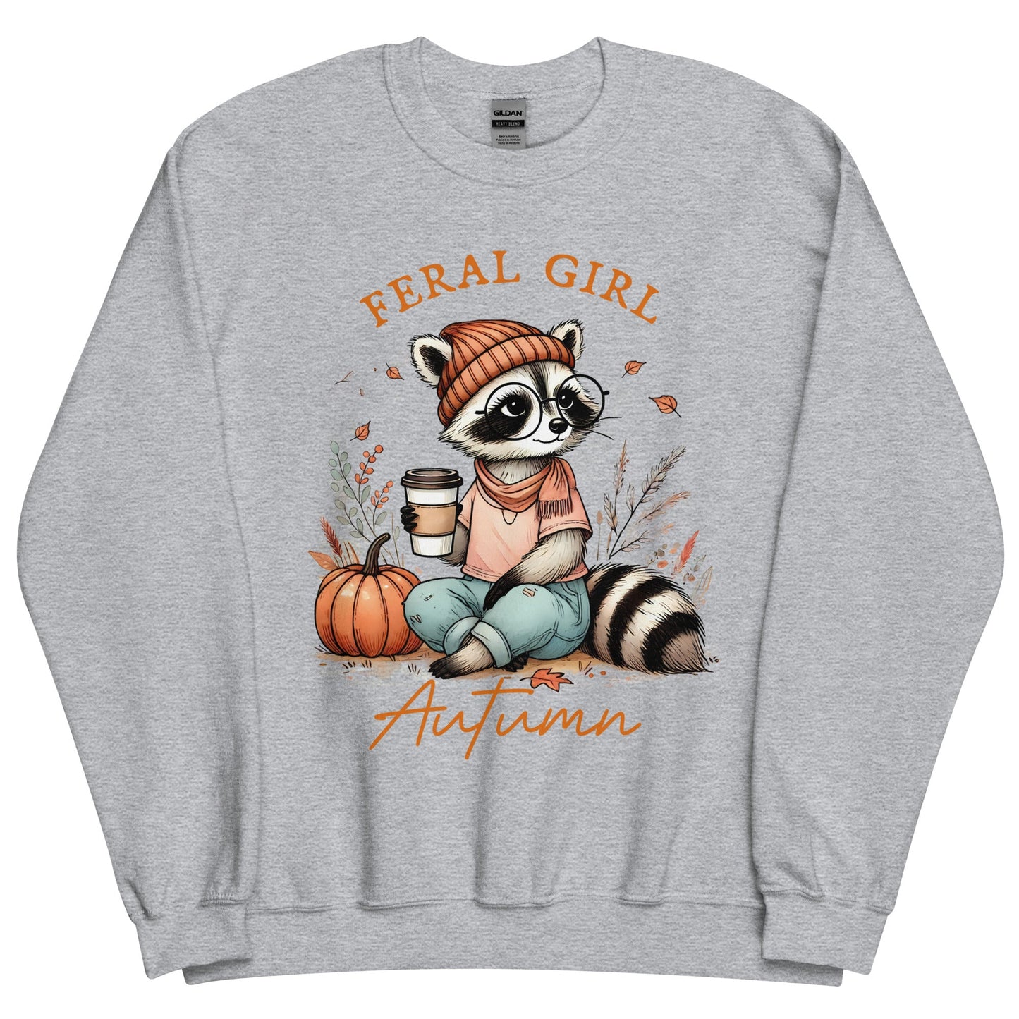 Womens 'Feral Girl Autumn' Sweatshirt - Cute Autumn Raccoon with Coffee Design - Sublimegifts4u.com