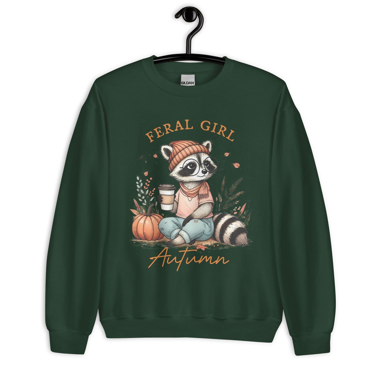 Womens 'Feral Girl Autumn' Sweatshirt - Cute Autumn Raccoon with Coffee Design - Sublimegifts4u.com