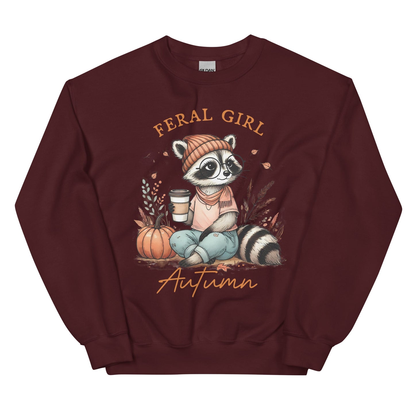 Womens 'Feral Girl Autumn' Sweatshirt - Cute Autumn Raccoon with Coffee Design - Sublimegifts4u.com