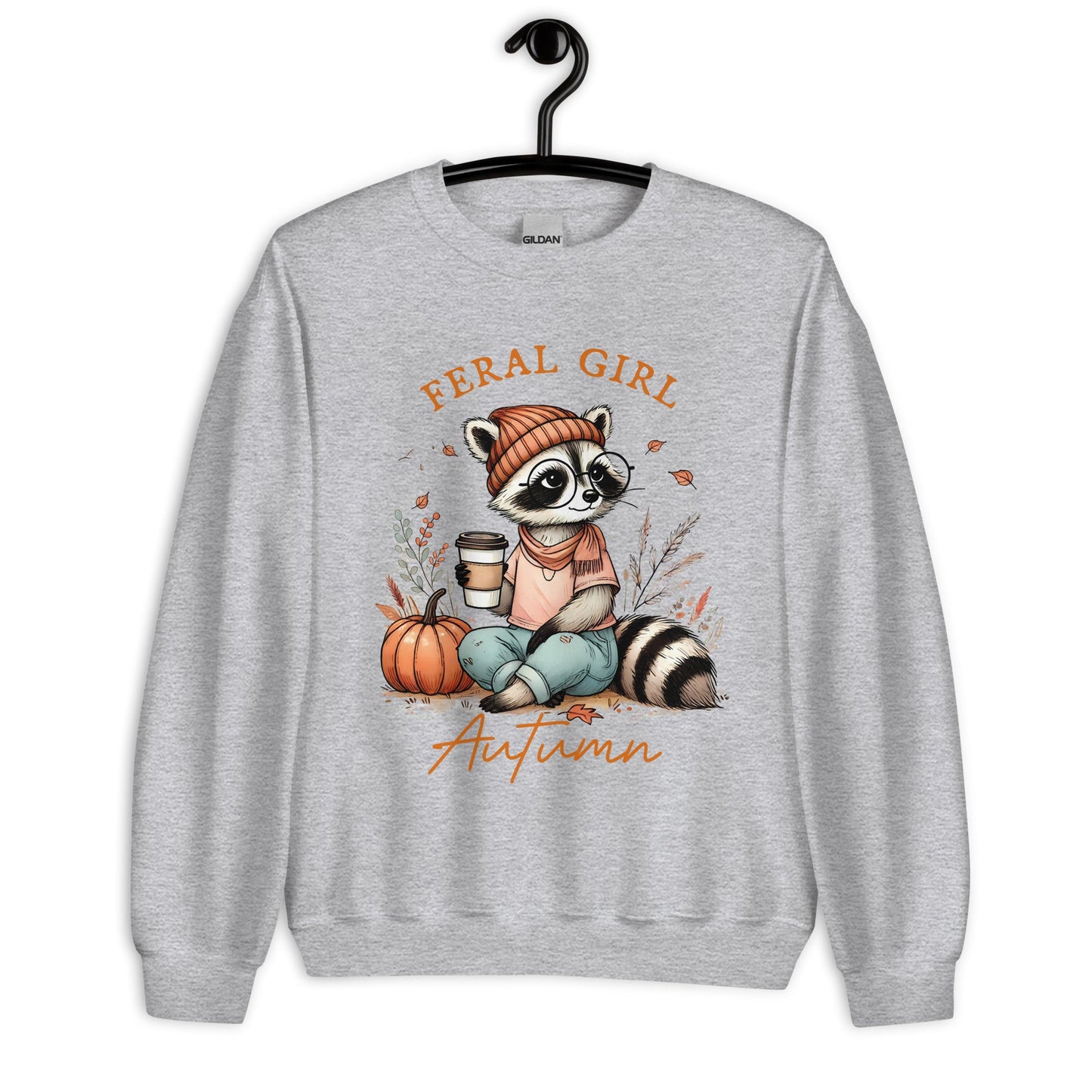 Womens 'Feral Girl Autumn' Sweatshirt - Cute Autumn Raccoon with Coffee Design - Sublimegifts4u.com