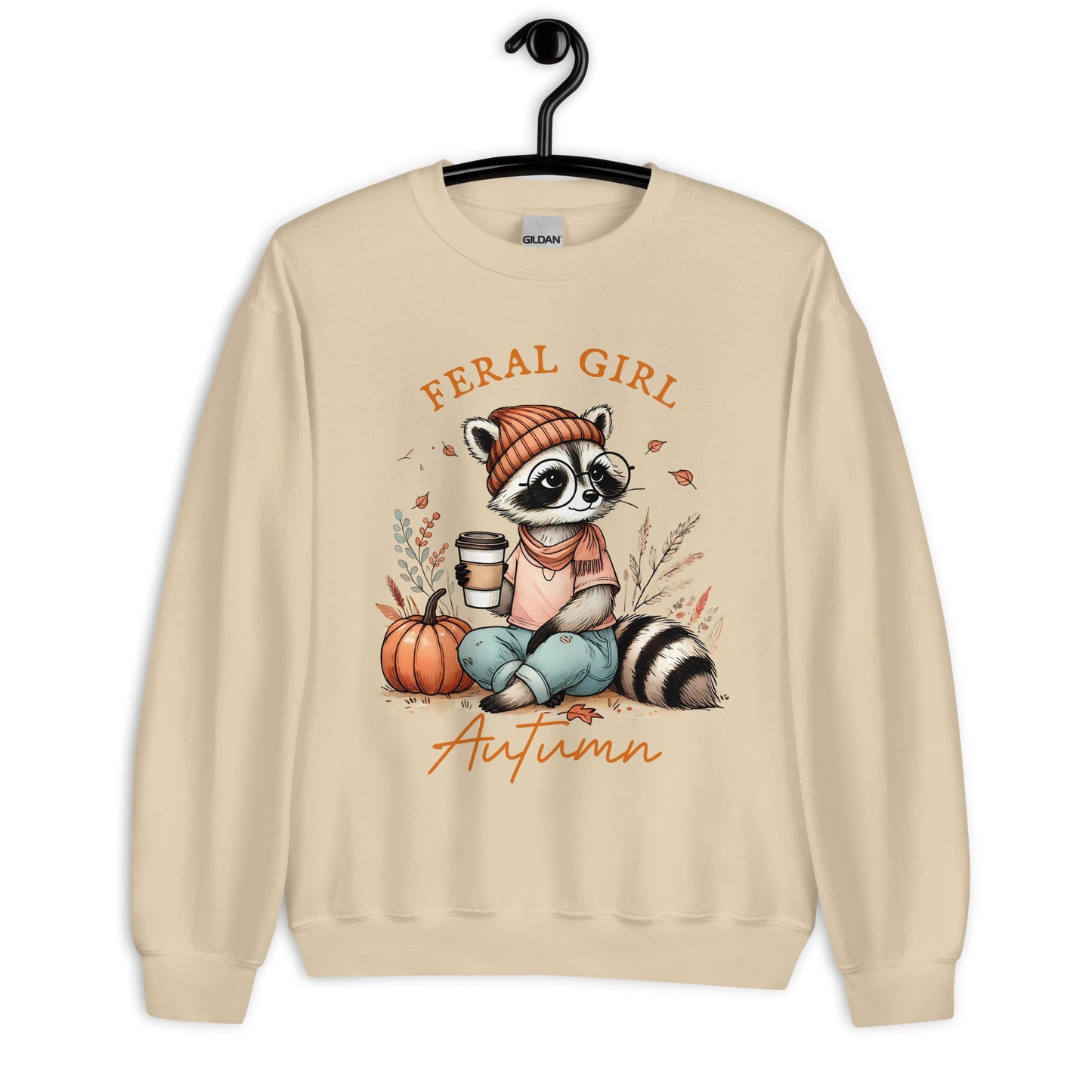 Womens 'Feral Girl Autumn' Sweatshirt - Cute Autumn Raccoon with Coffee Design - Sublimegifts4u.com