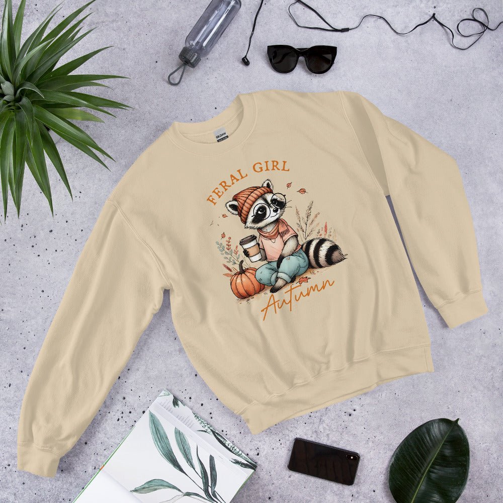 Womens 'Feral Girl Autumn' Sweatshirt - Cute Autumn Raccoon with Coffee Design - Sublimegifts4u.com