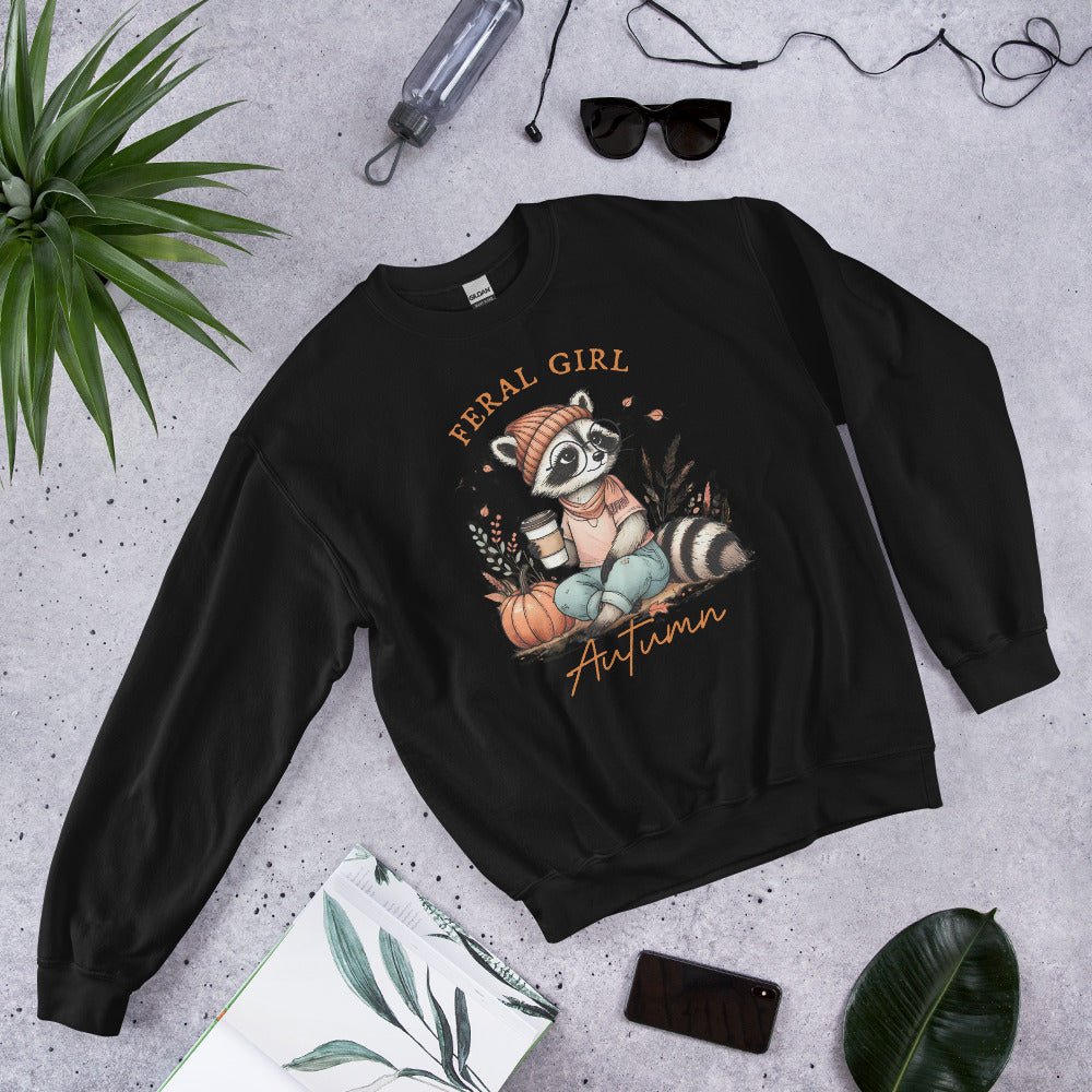 Womens 'Feral Girl Autumn' Sweatshirt - Cute Autumn Raccoon with Coffee Design - Sublimegifts4u.com