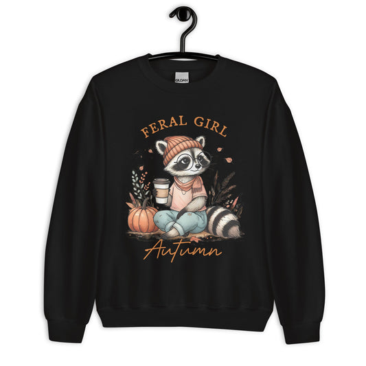 Womens 'Feral Girl Autumn' Sweatshirt - Cute Autumn Raccoon with Coffee Design - Sublimegifts4u.com