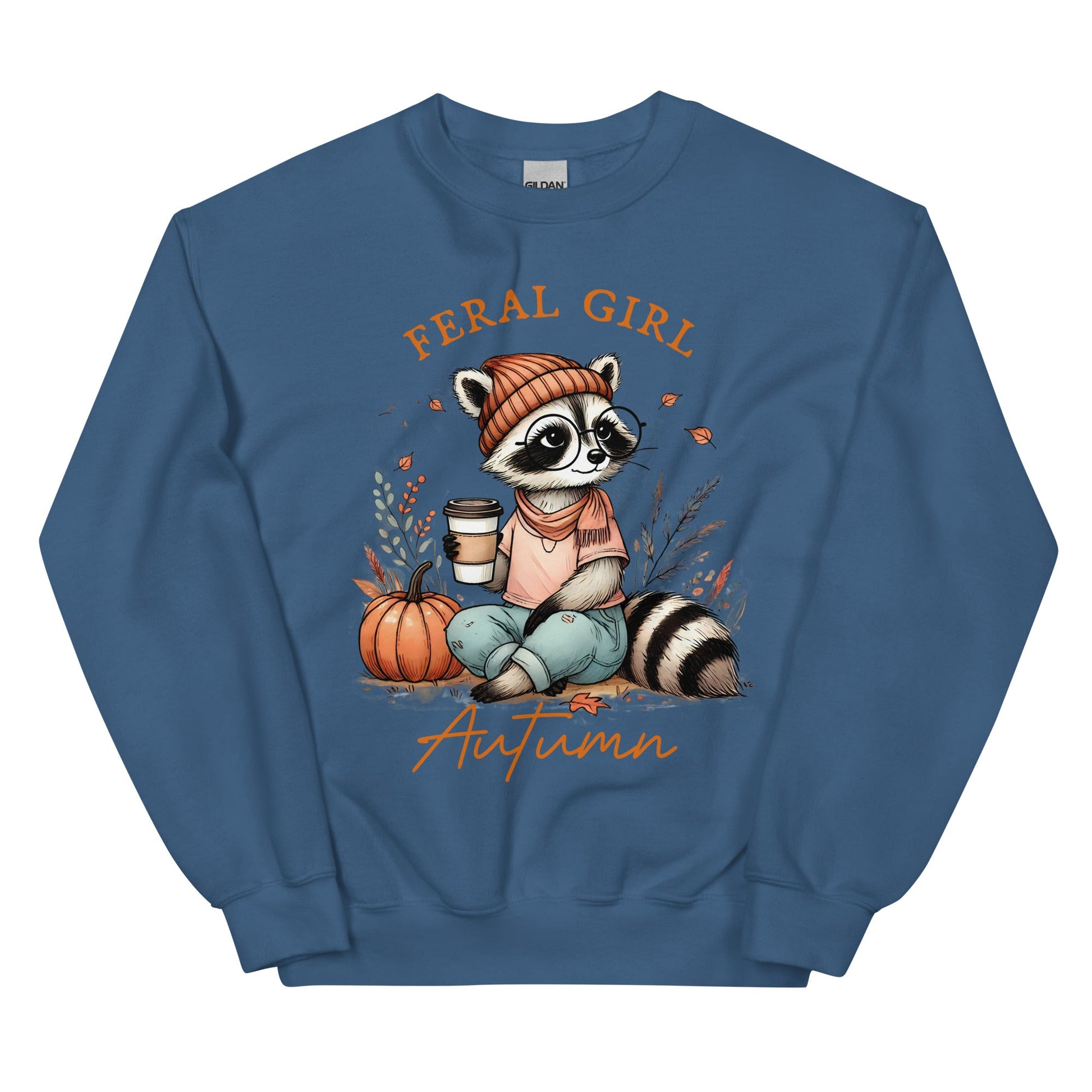 Womens 'Feral Girl Autumn' Sweatshirt - Cute Autumn Raccoon with Coffee Design - Sublimegifts4u.com