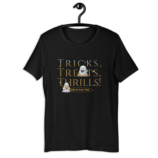 Women’s Halloween Ghosts Tee - “Tricks, Treats, Thrills, Scare Time Has Arrived - Sublimegifts4u.com