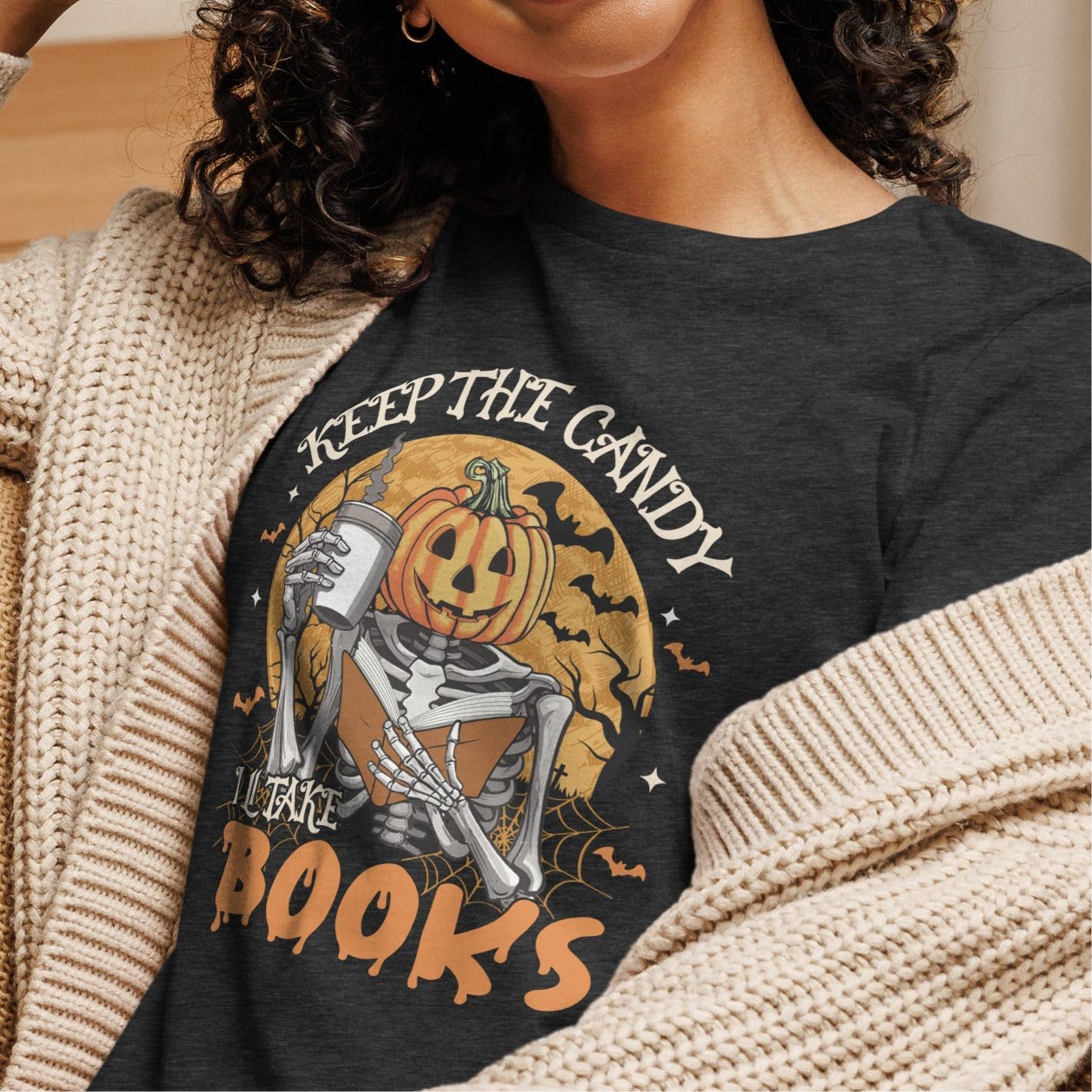 Womens Halloween T-Shirt: 'Books Keep the Candy' Pumpkin Design – Soft & Relaxed Fit - Sublimegifts4u.com