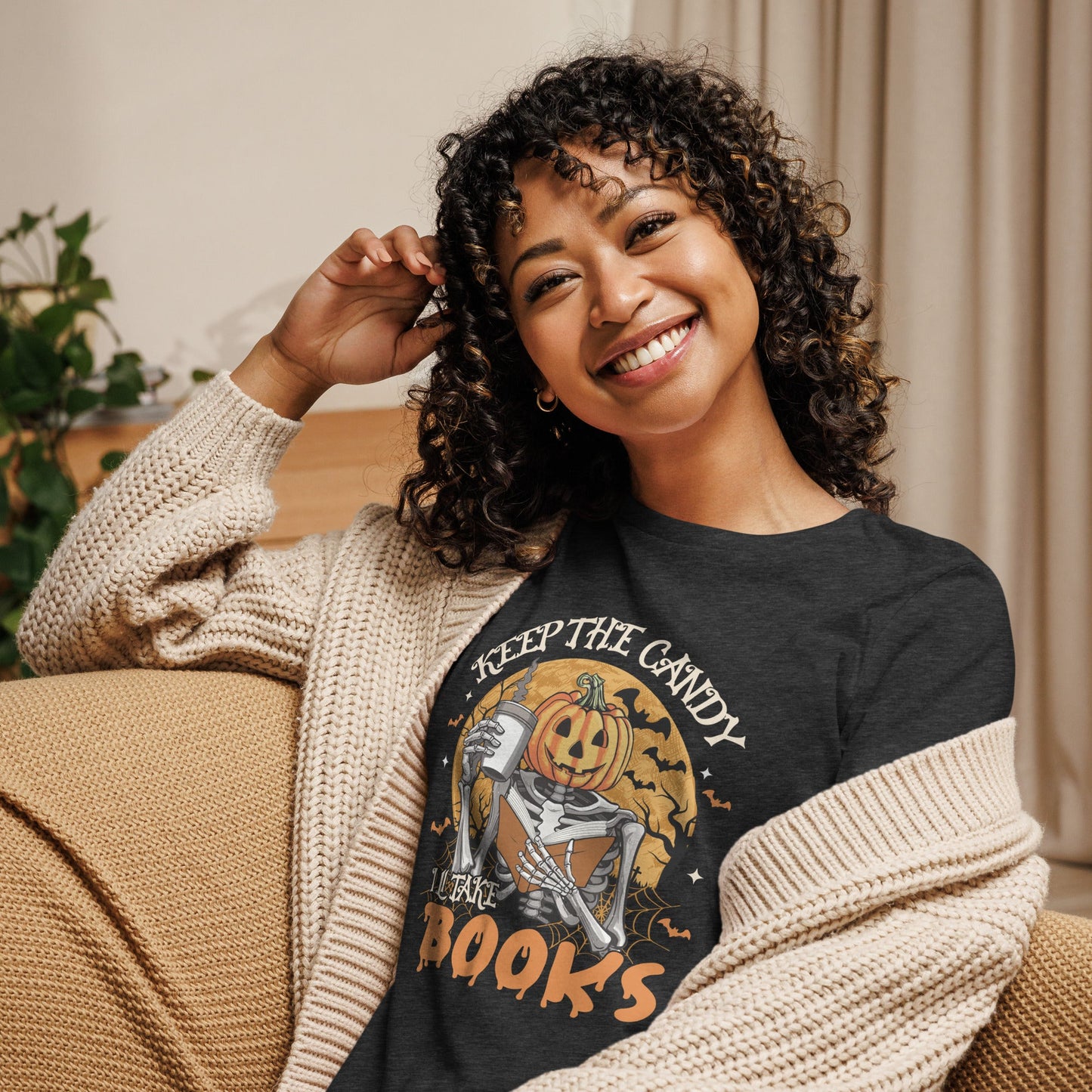 Womens Halloween T-Shirt: 'Books Keep the Candy' Pumpkin Design – Soft & Relaxed Fit - Sublimegifts4u.com