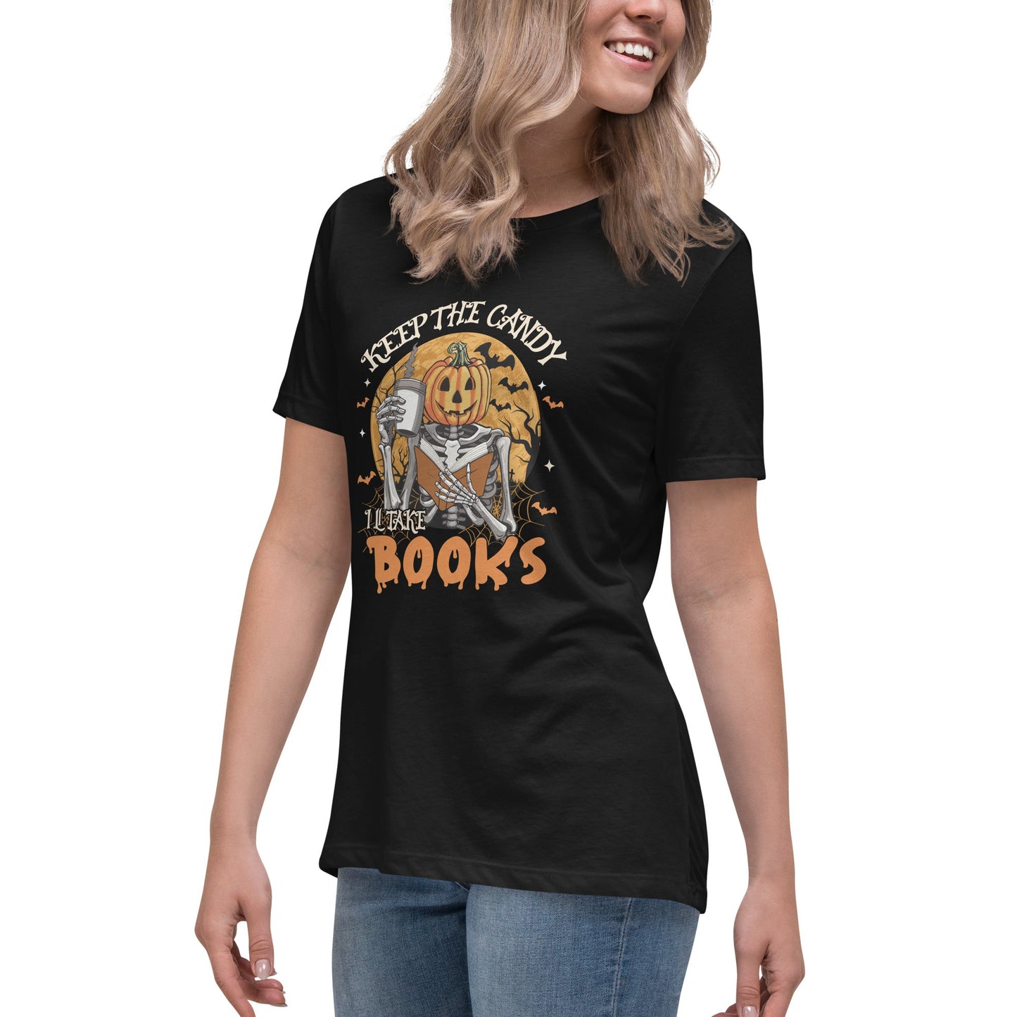 Womens Halloween T-Shirt: 'Books Keep the Candy' Pumpkin Design – Soft & Relaxed Fit - Sublimegifts4u.com