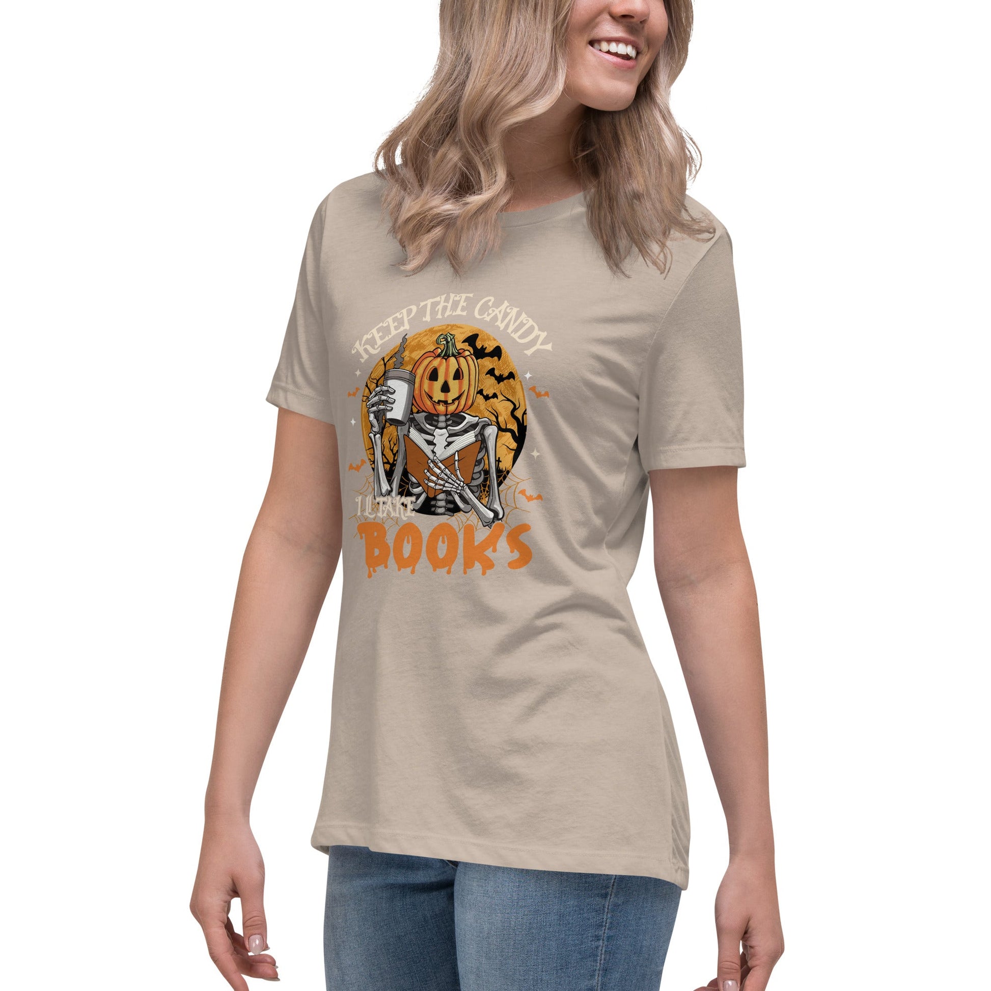 Womens Halloween T-Shirt: 'Books Keep the Candy' Pumpkin Design – Soft & Relaxed Fit - Sublimegifts4u.com