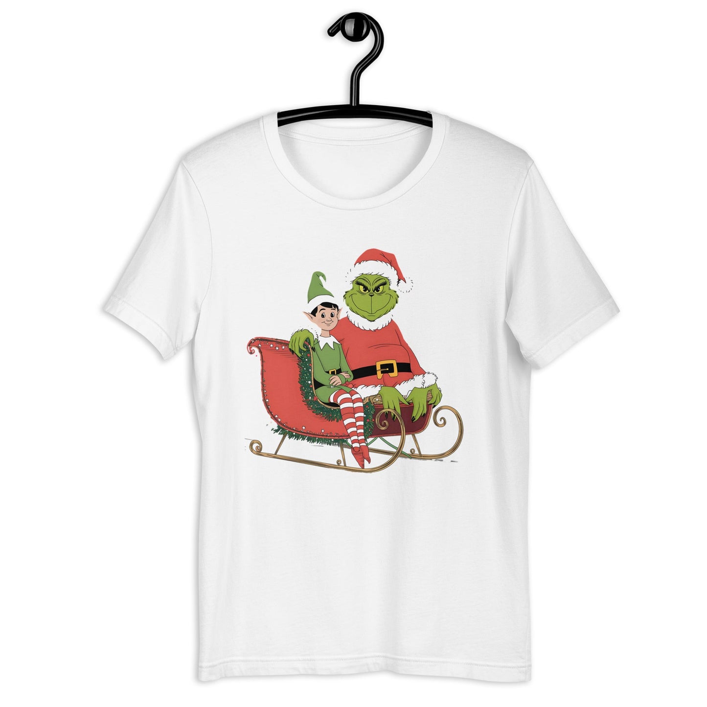 Women’s Holiday T-Shirt – Grumpy Grinch and Playful Elf on Sleigh - Sublimegifts4u.com