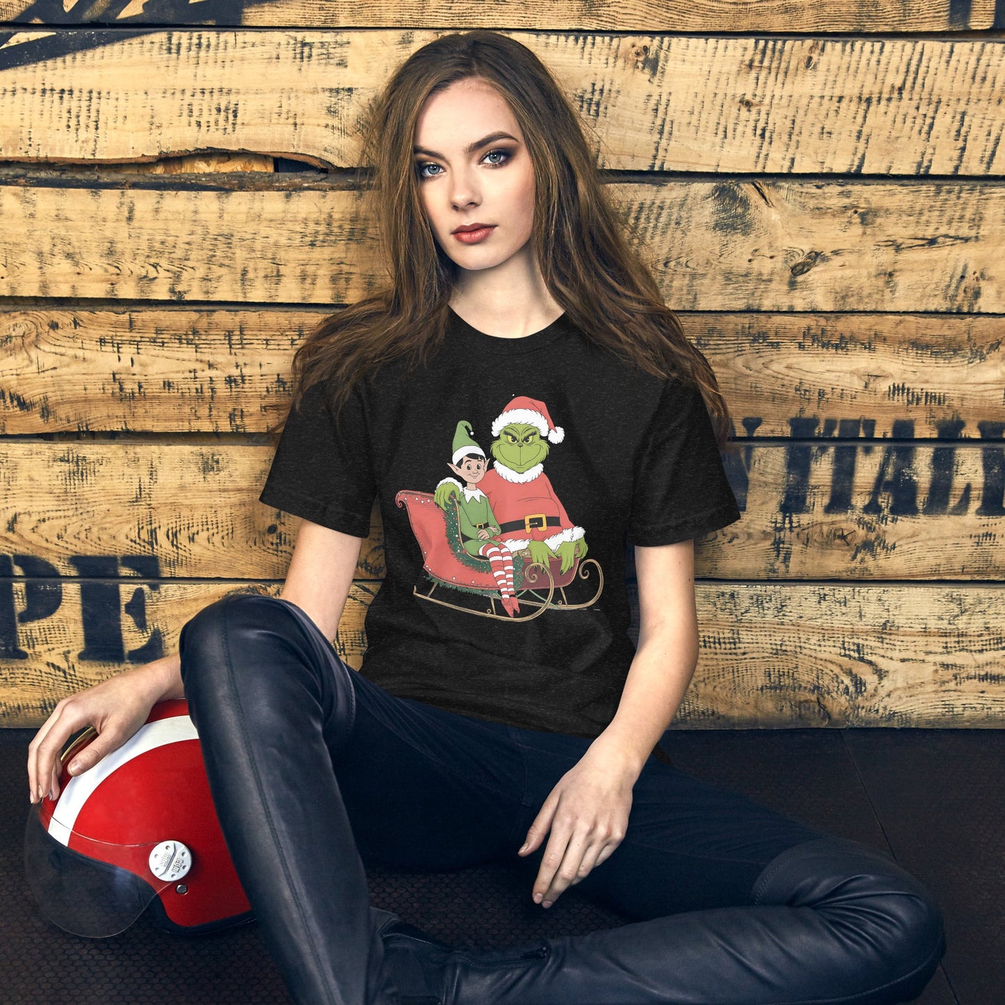 Women’s Holiday T-Shirt – Grumpy Grinch and Playful Elf on Sleigh - Sublimegifts4u.com