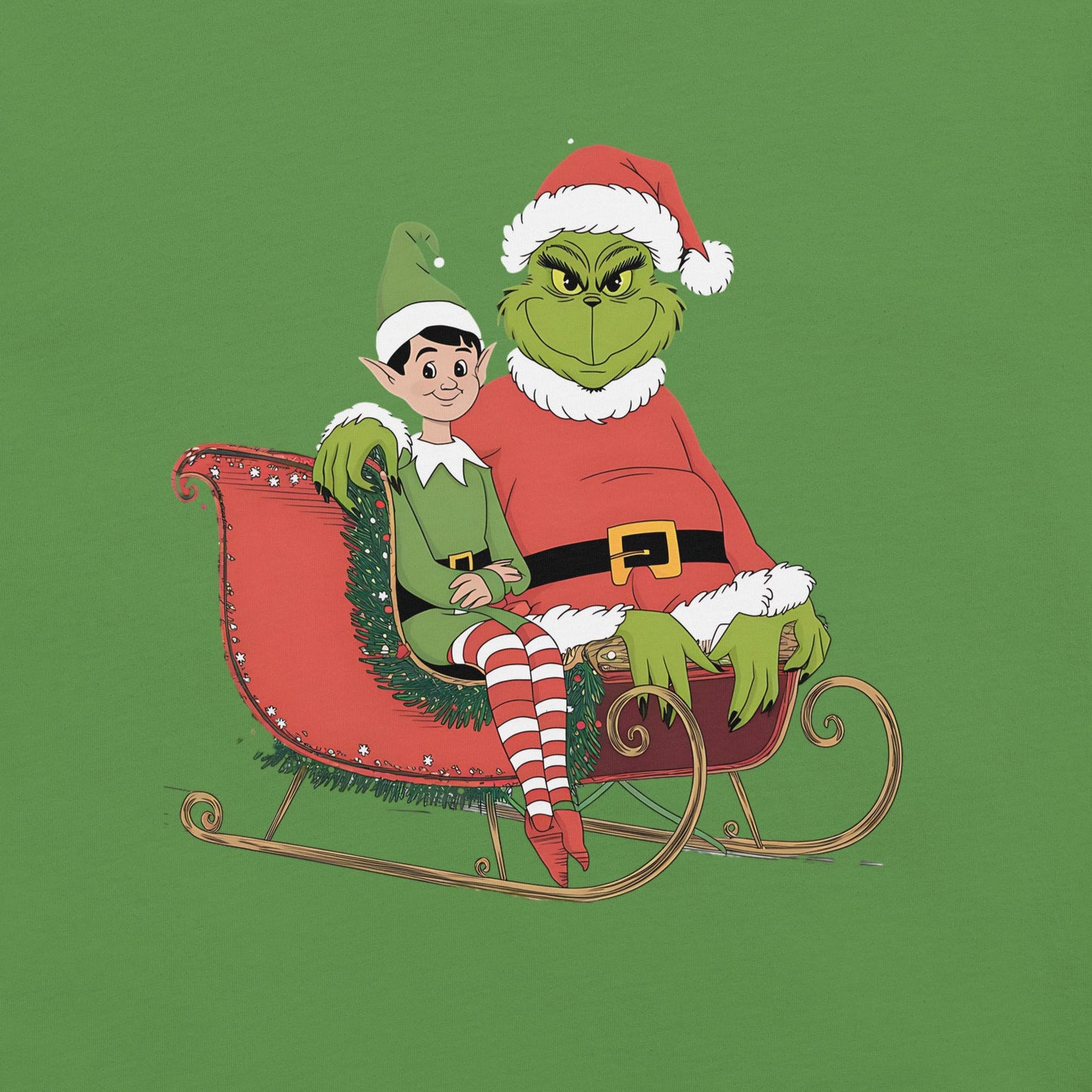 Women’s Holiday T-Shirt – Grumpy Grinch and Playful Elf on Sleigh - Sublimegifts4u.com